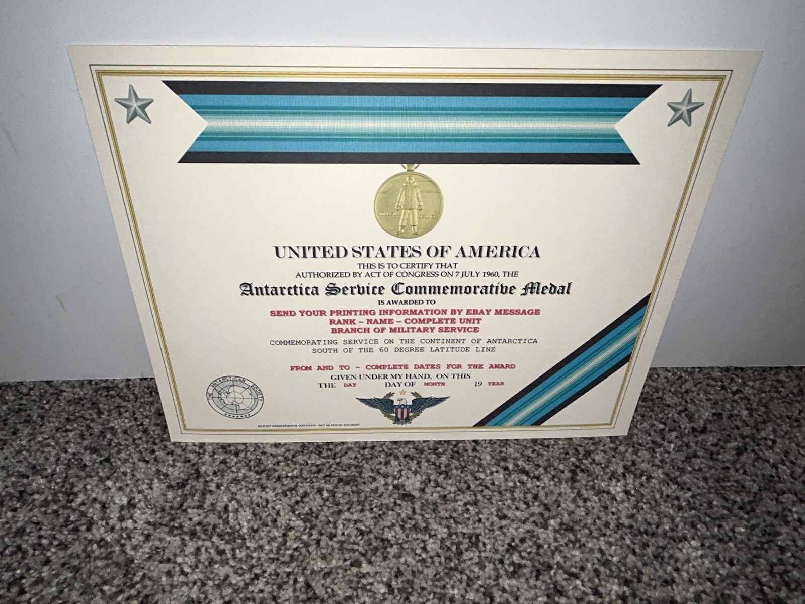 ANTARCTICA SERVICE MEDAL COMMEMORATIVE CERTIFICATE ~ W/PRINTING TYPE-1