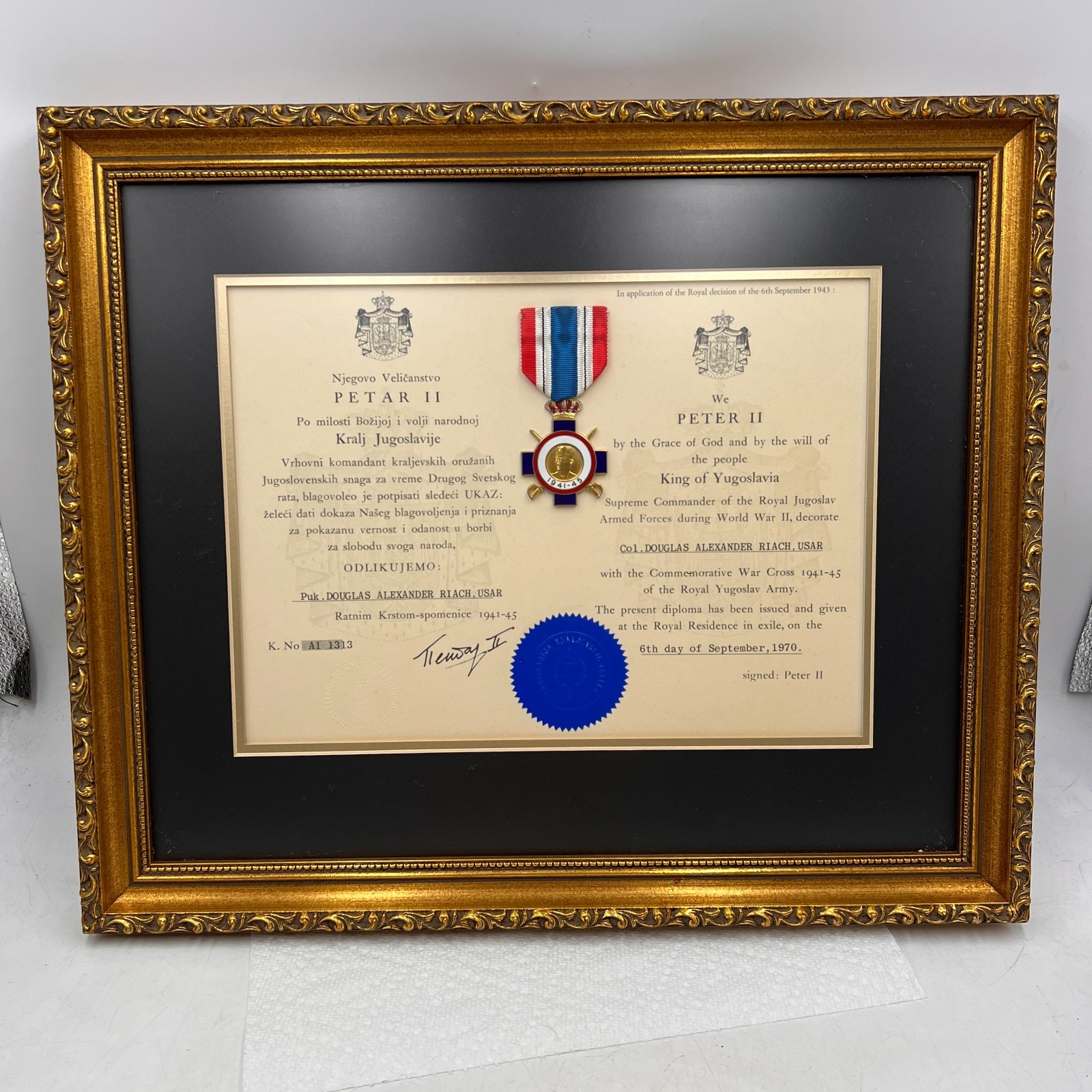 Vintage WWII Yugoslavia Serbia War Cross Medal & Diploma SIGNED PETAR II FRAMED