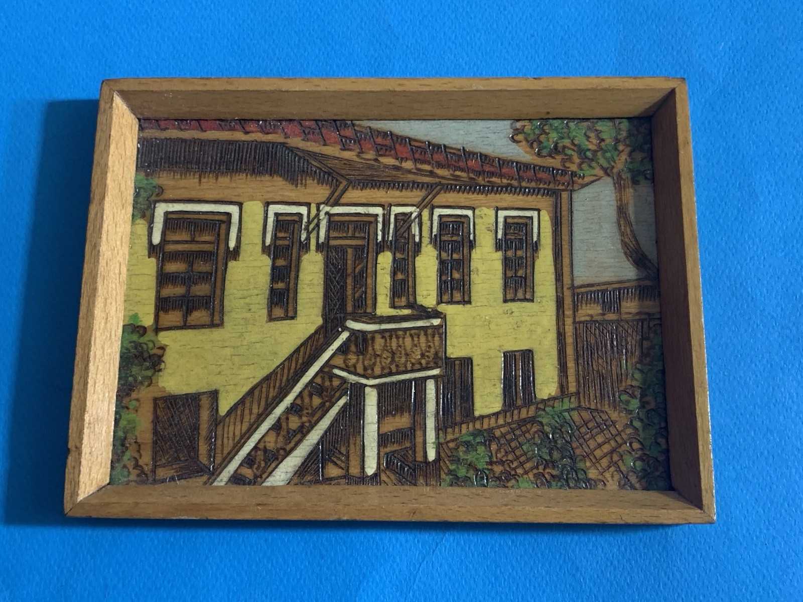 OLD ENVER HOXHA MUSEUM HOUSE OF THE PARTY WOOD PIROGRAPHY FRAME-HANDMADE-1960-RR