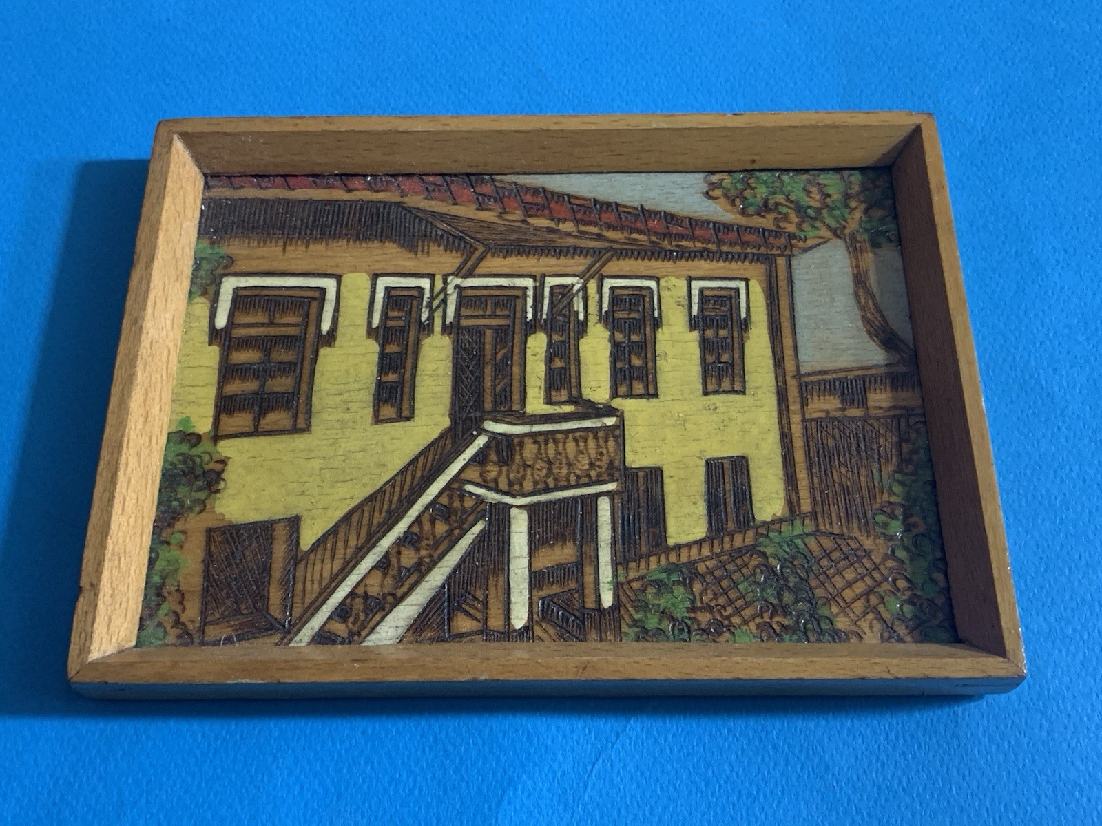 OLD ENVER HOXHA MUSEUM HOUSE OF THE PARTY WOOD PIROGRAPHY FRAME-HANDMADE-1960-RR