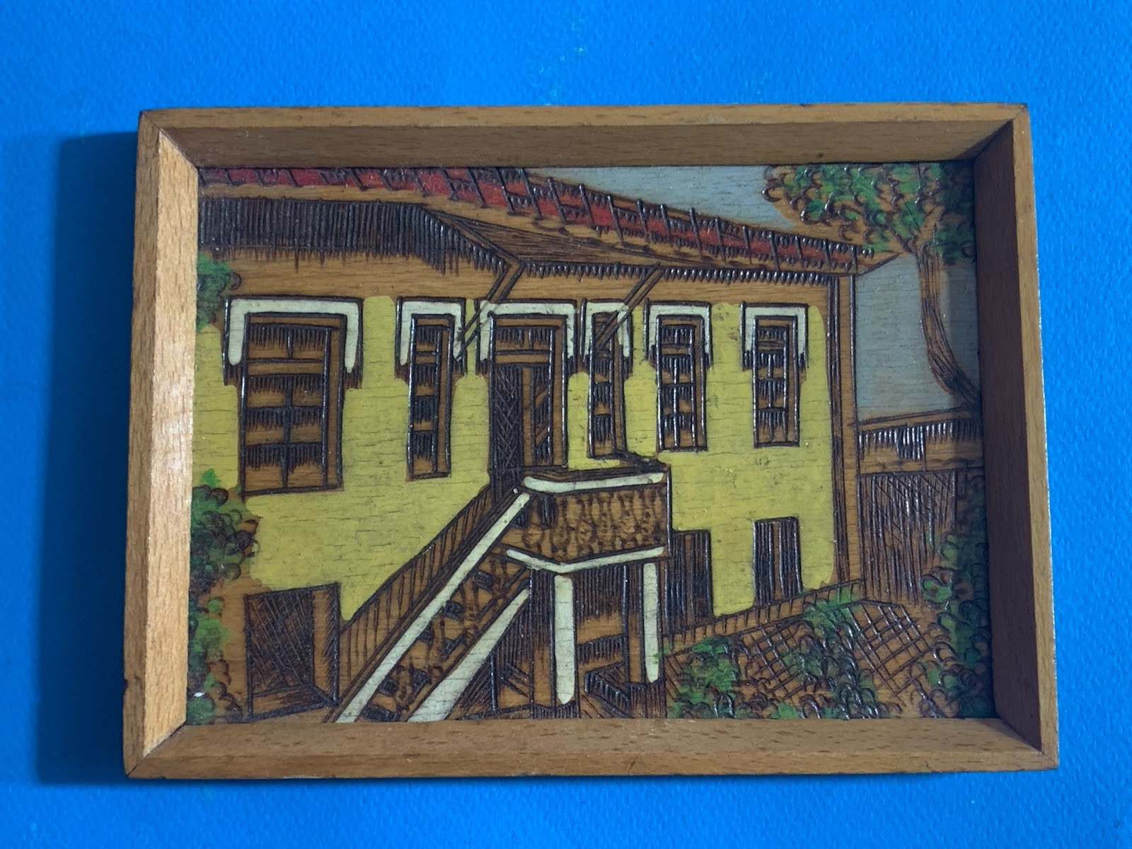 OLD ENVER HOXHA MUSEUM HOUSE OF THE PARTY WOOD PIROGRAPHY FRAME-HANDMADE-1960-RR