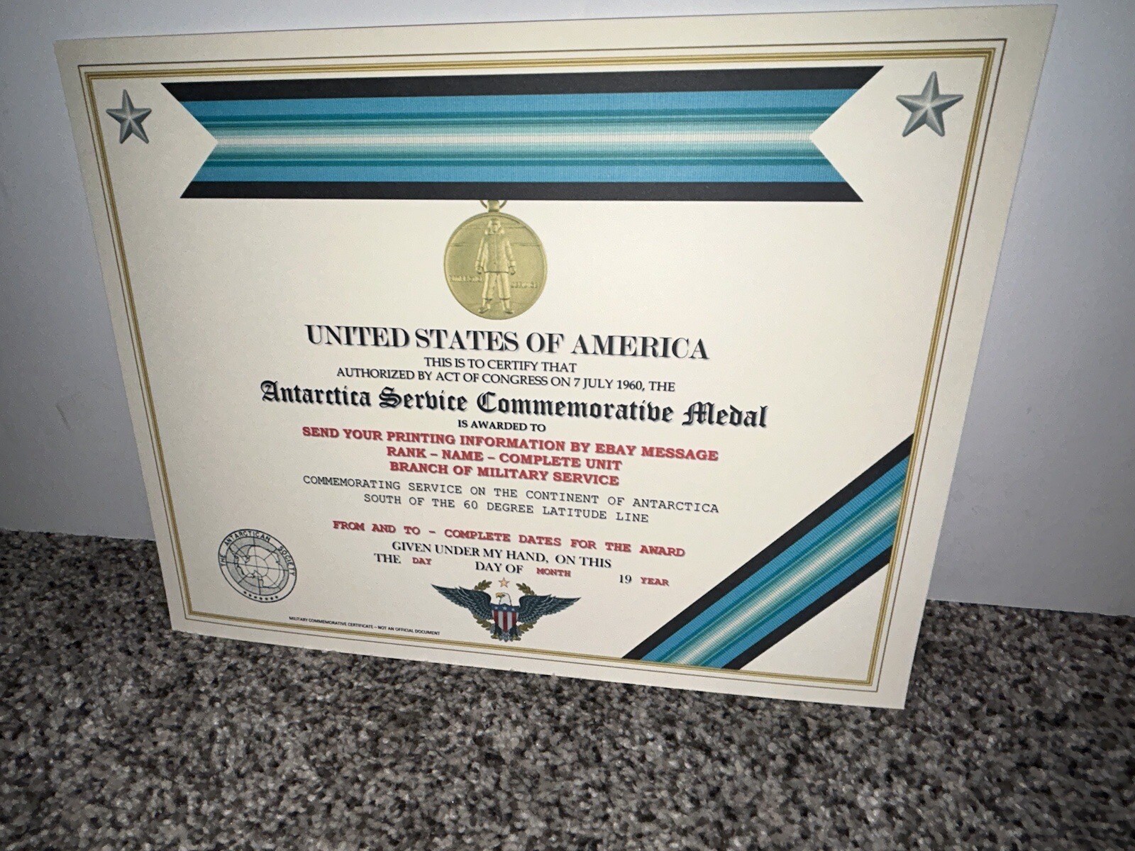 ANTARCTICA SERVICE MEDAL COMMEMORATIVE CERTIFICATE ~ W/PRINTING TYPE-1