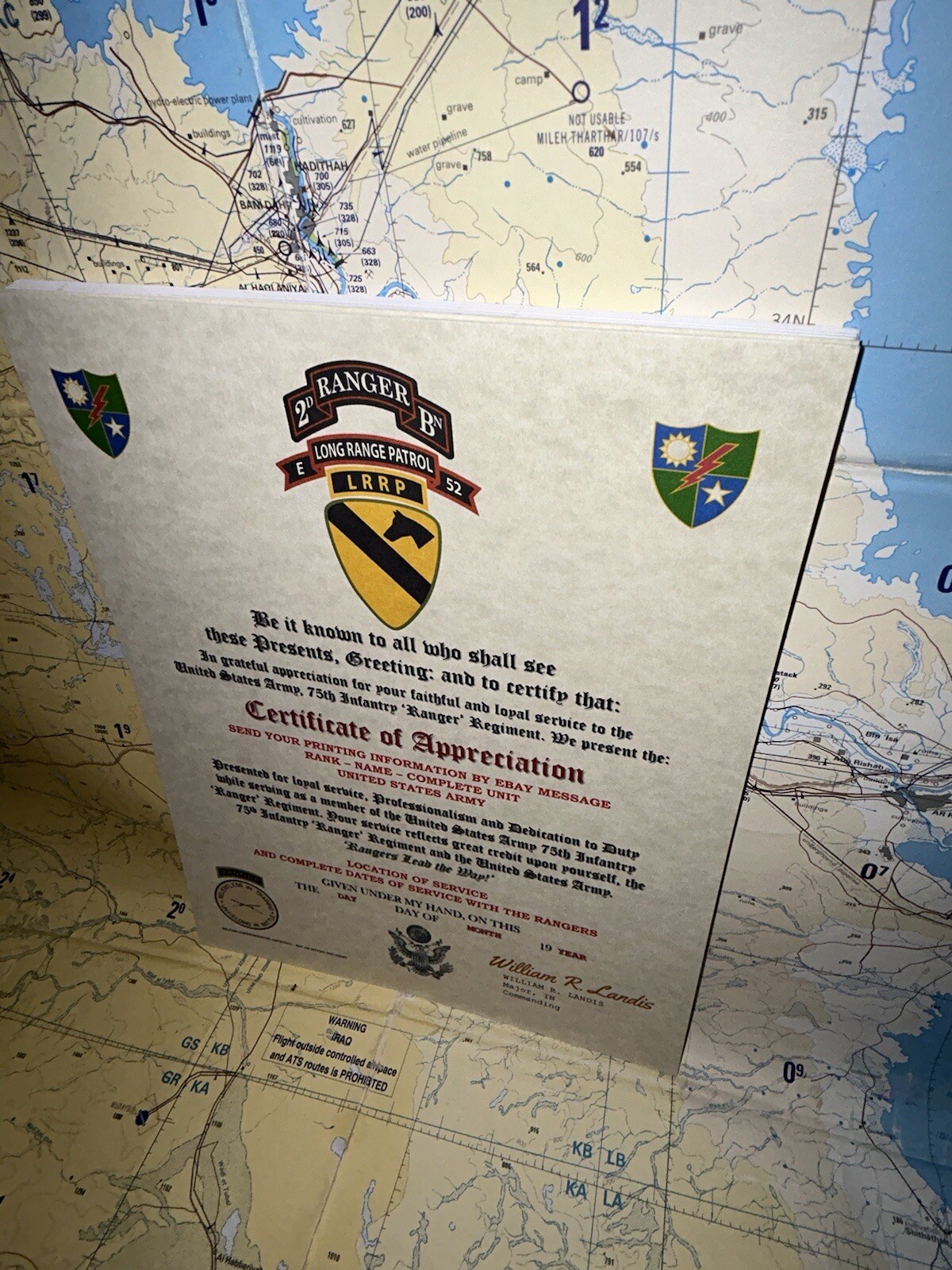 U.S. ARMY 75 RANGERS – 2BN E-52 LRRP – 1ST CAV DIV / CERTIFICATE OF APPRECIATION