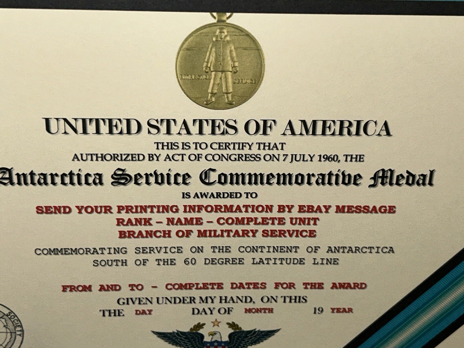 ANTARCTICA SERVICE MEDAL COMMEMORATIVE CERTIFICATE ~ W/PRINTING TYPE-1
