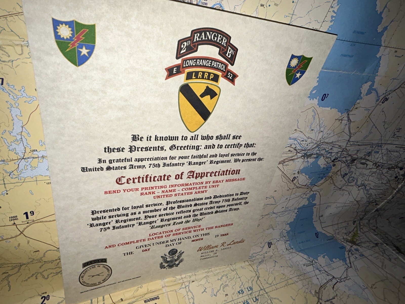 U.S. ARMY 75 RANGERS – 2BN E-52 LRRP – 1ST CAV DIV / CERTIFICATE OF APPRECIATION