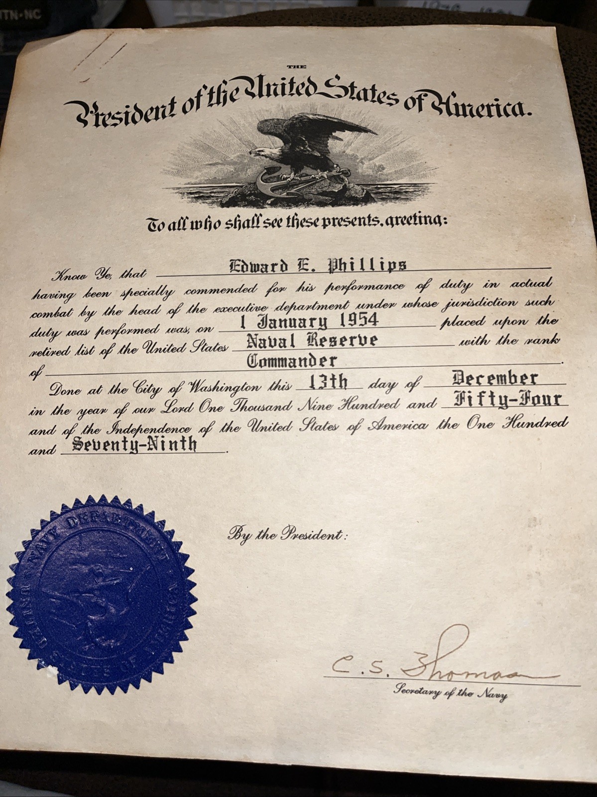 NAVY COMMANDER RETIREMENT CERTIFICATE VINTAGE SIGNED BY SEC OF NAVY C. S. THOMAS