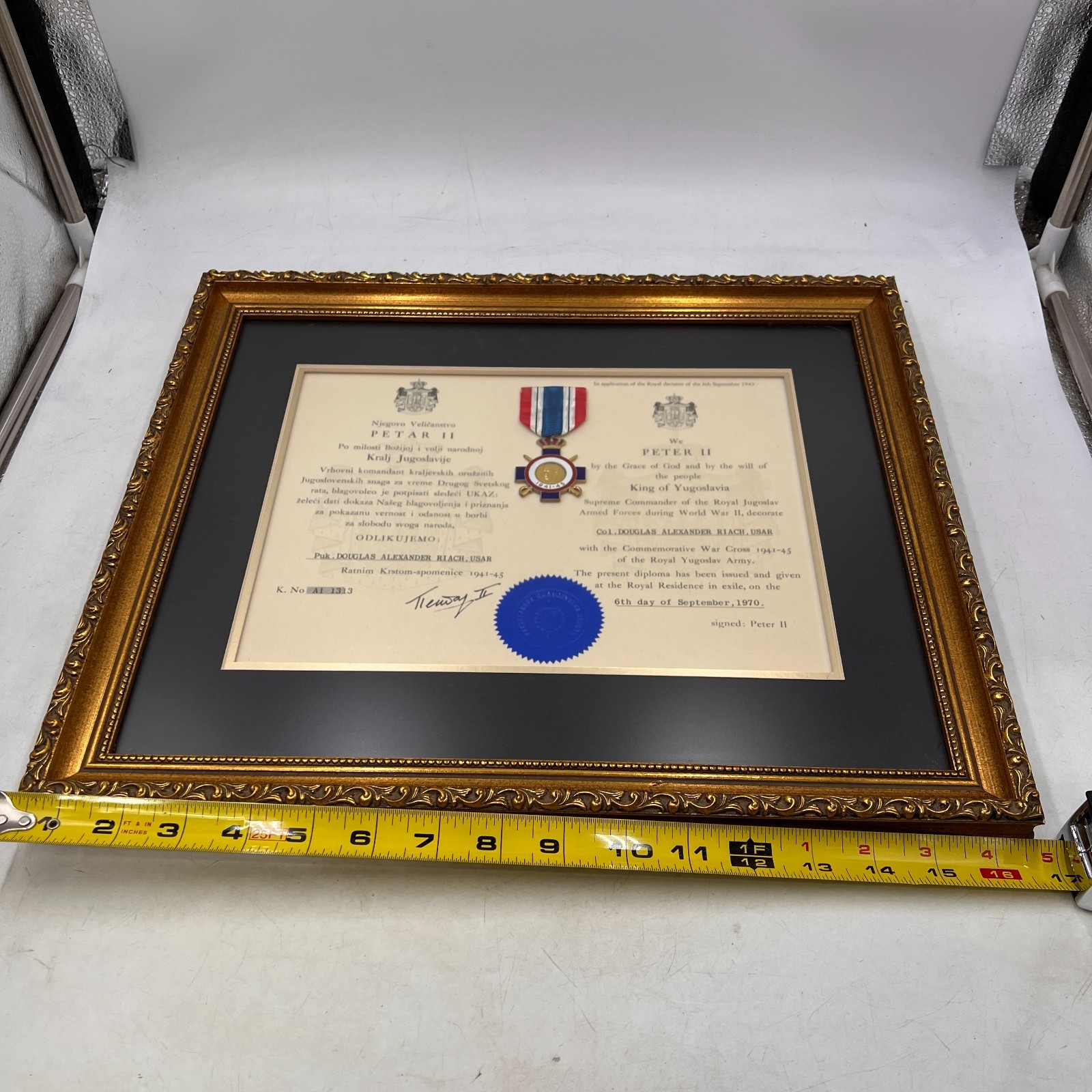 Vintage WWII Yugoslavia Serbia War Cross Medal & Diploma SIGNED PETAR II FRAMED