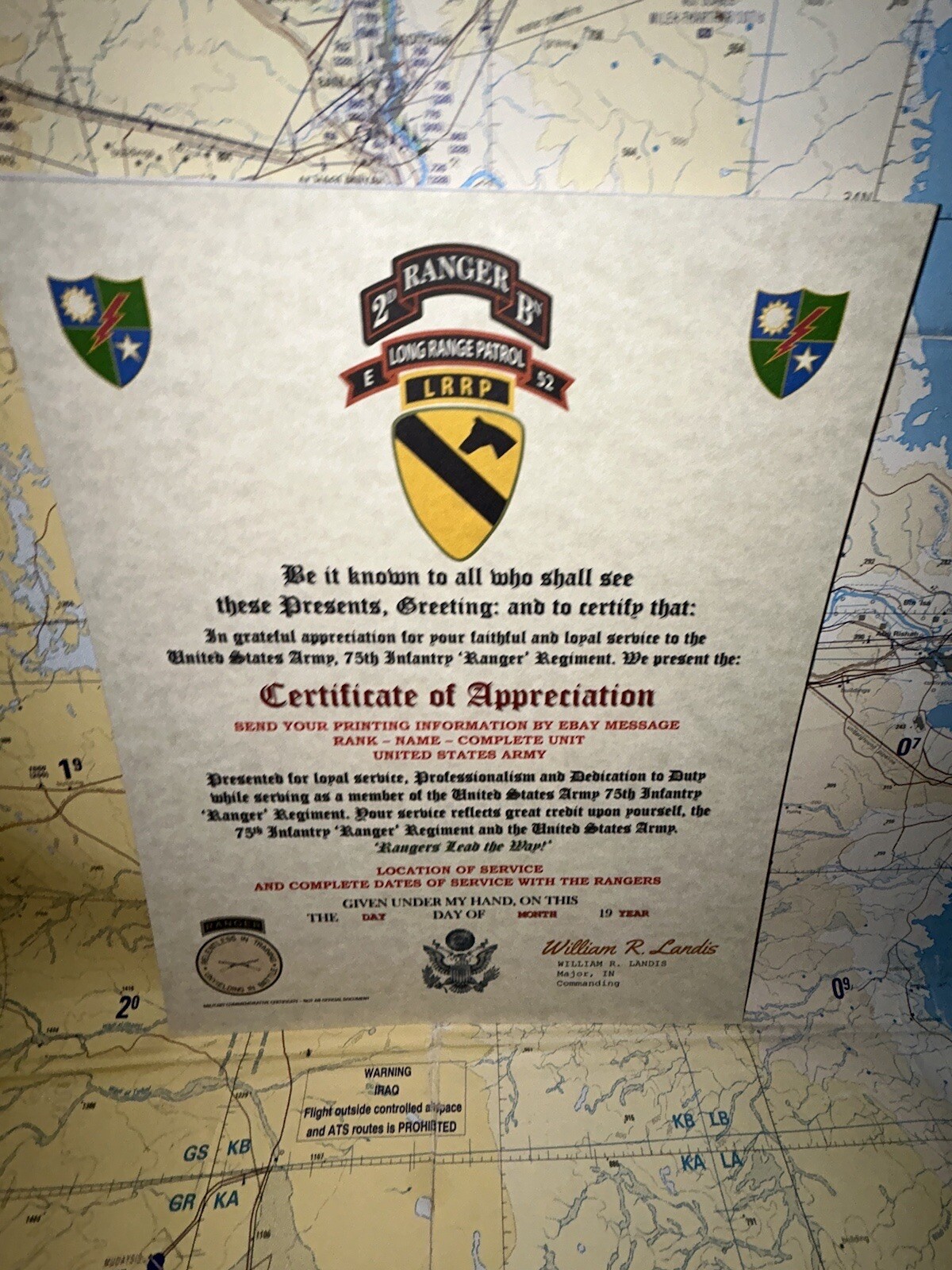 U.S. ARMY 75 RANGERS – 2BN E-52 LRRP – 1ST CAV DIV / CERTIFICATE OF APPRECIATION