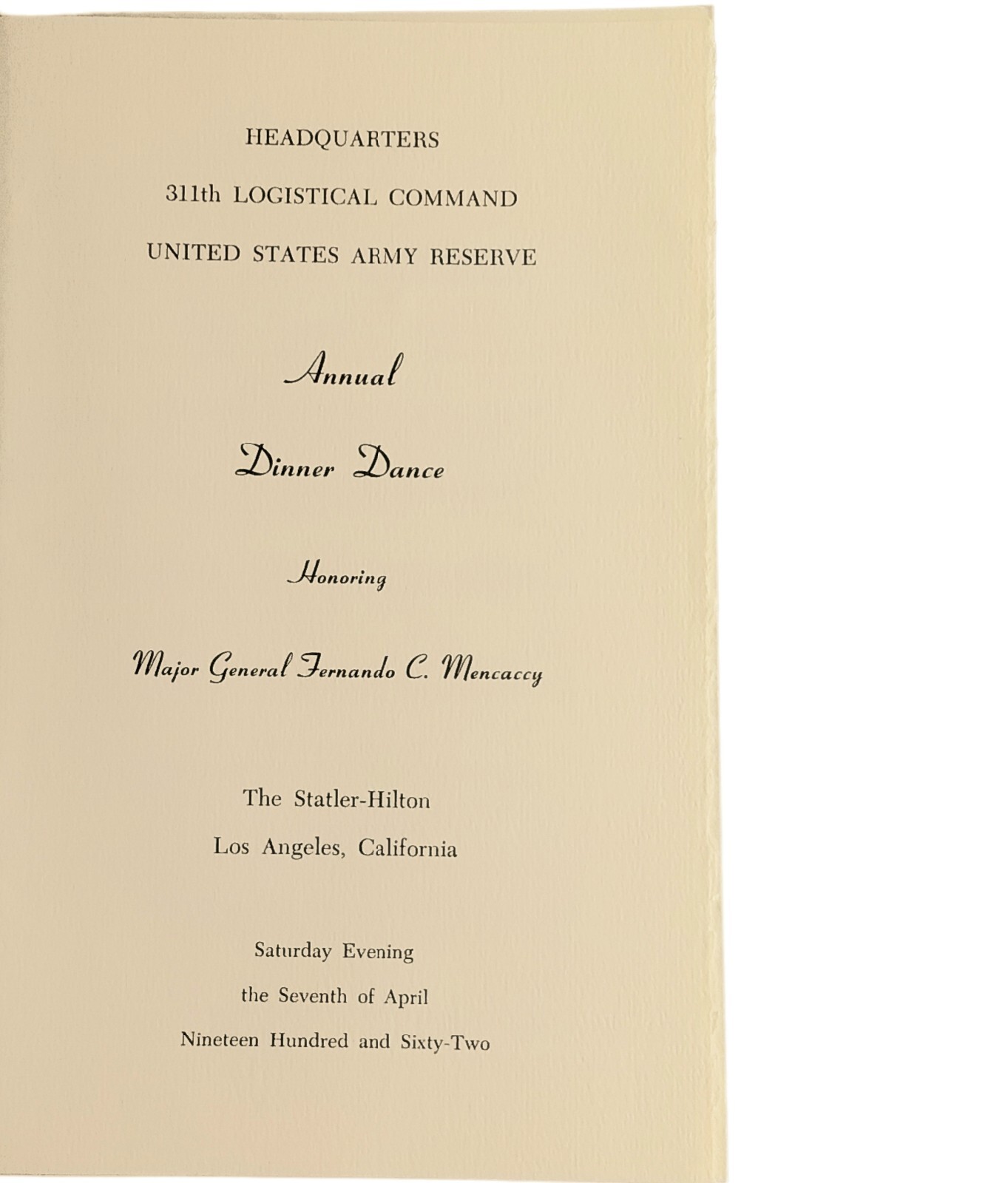 1962 US Army Reserve 311th Logistical Command Annual Dinner Dance Program