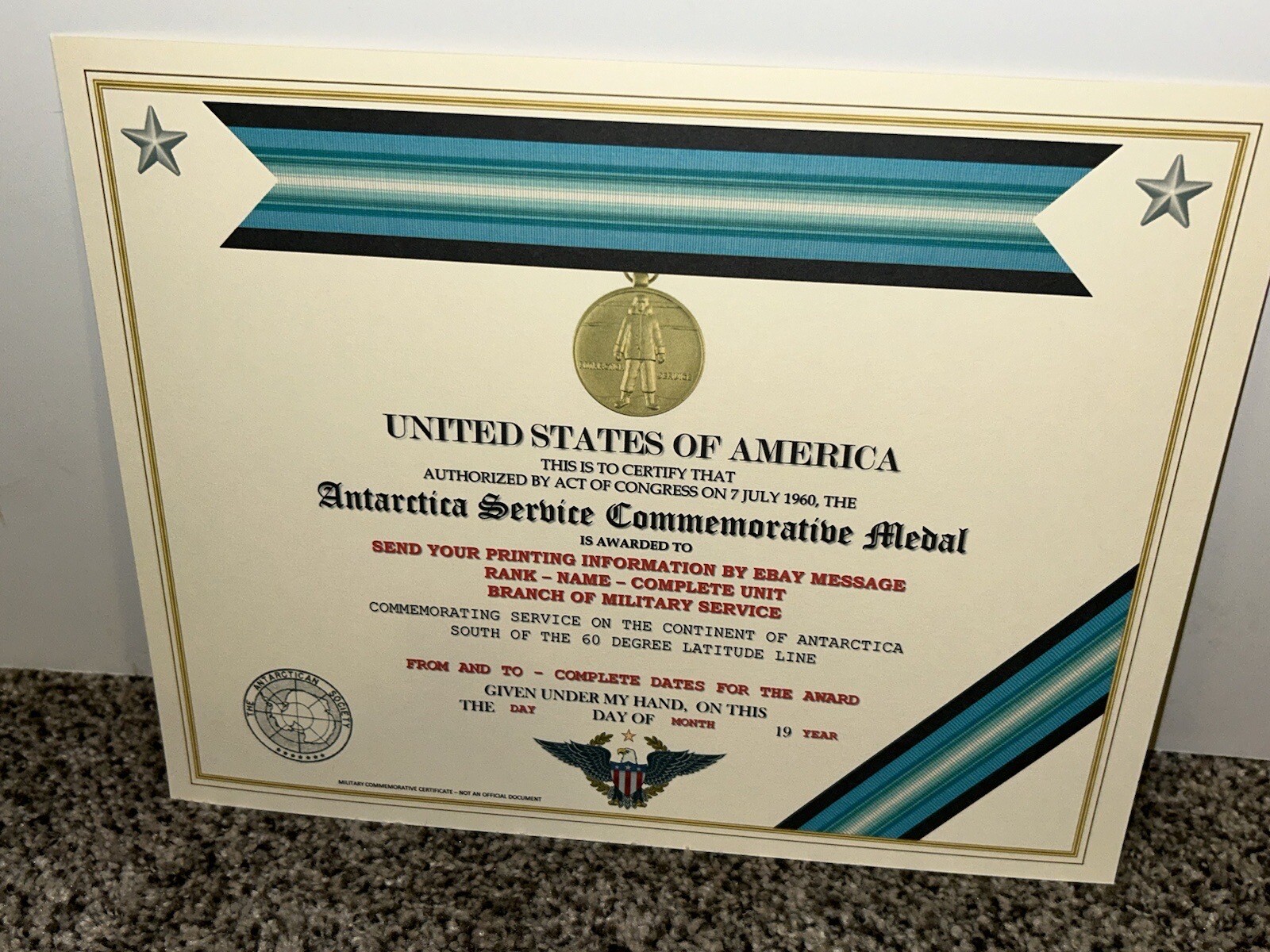 ANTARCTICA SERVICE MEDAL COMMEMORATIVE CERTIFICATE ~ W/PRINTING TYPE-1