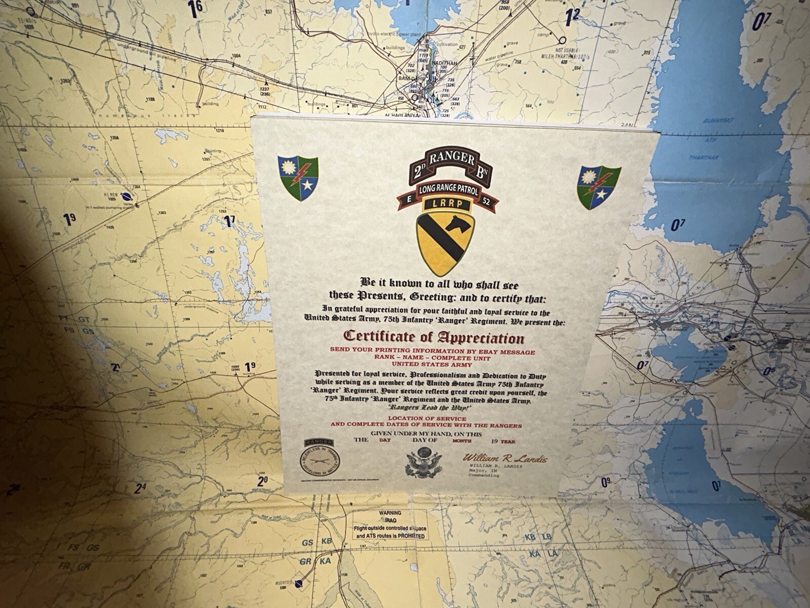 U.S. ARMY 75 RANGERS – 2BN E-52 LRRP – 1ST CAV DIV / CERTIFICATE OF APPRECIATION