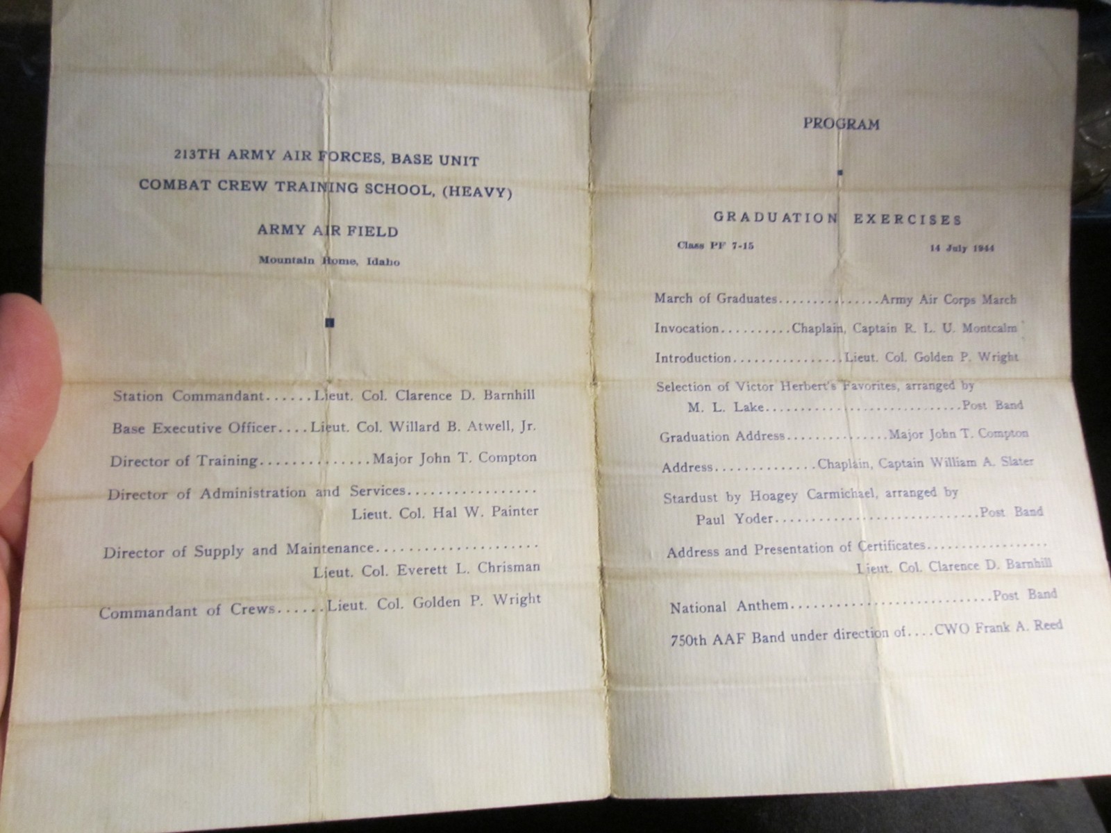 1944 213TH COMBAT CREW TRAINING SCHOOL CERTIFICATE & GRADUATION PROGRAM – BBA-52