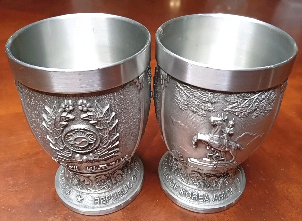 TWO Pewter REPUBLIC OF KOREA ARMY Ceremonial Cups. RARE! Sold As Set. db