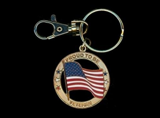 Veteran US Flag keyrings w/thumb spring clip 1-1/2″ brass / enamel emblem