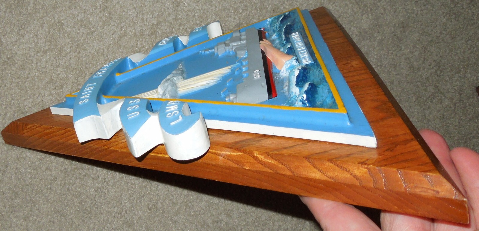 USS St. Francis River LSMR-525 Hand-painted Metal Plaque on Triangular Wood Base