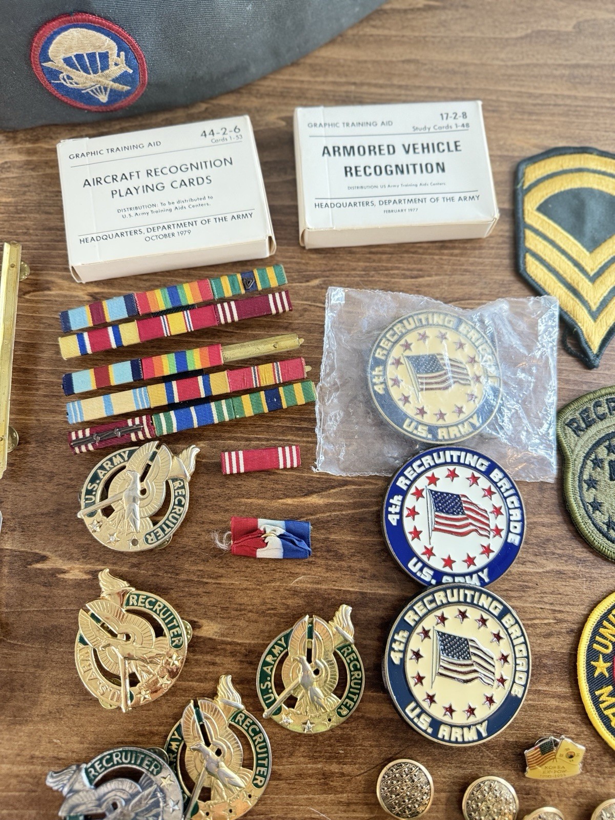 Unknown Lot of Vintage Military Patches, Hats, medal pin backs