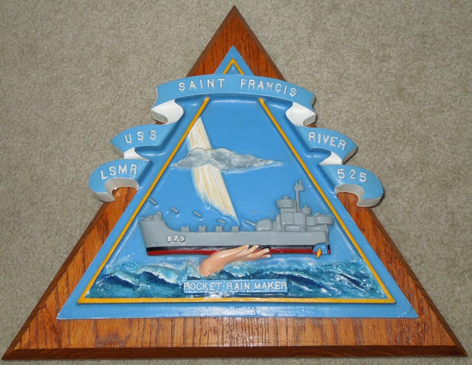 USS St. Francis River LSMR-525 Hand-painted Metal Plaque on Triangular Wood Base