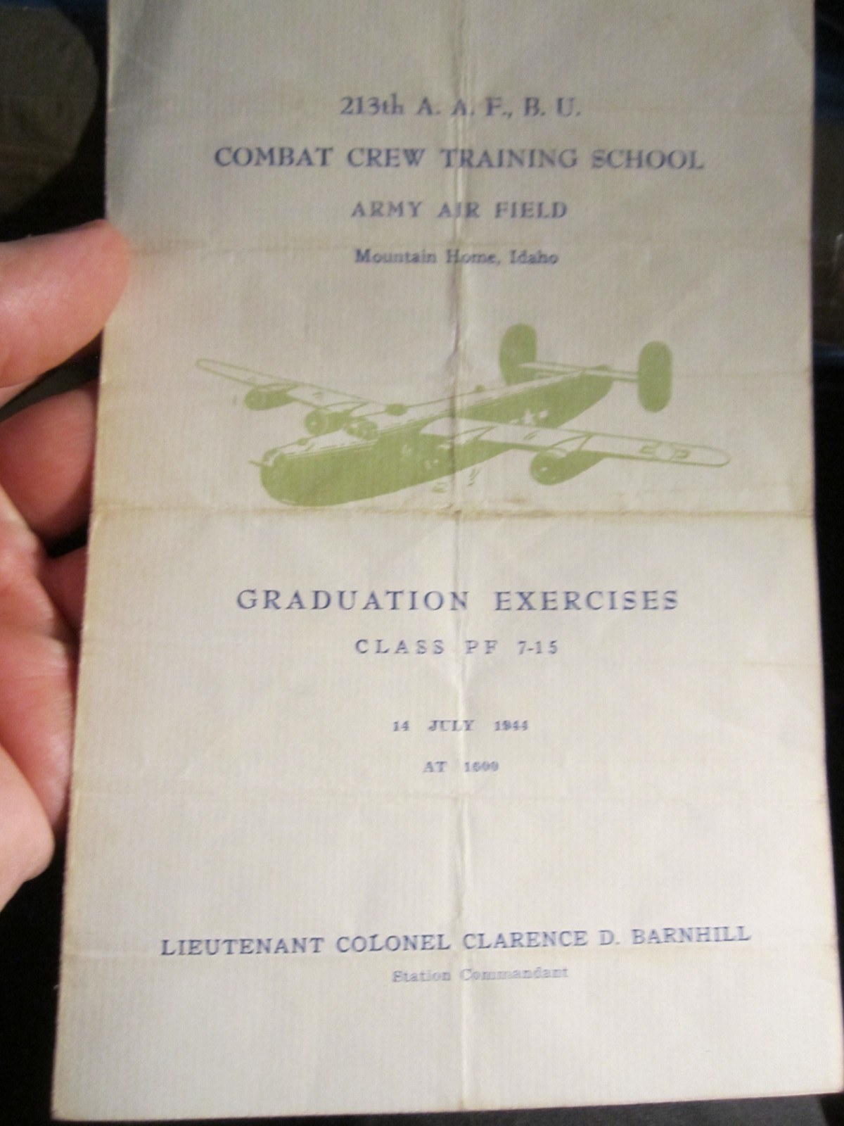 1944 213TH COMBAT CREW TRAINING SCHOOL CERTIFICATE & GRADUATION PROGRAM – BBA-52