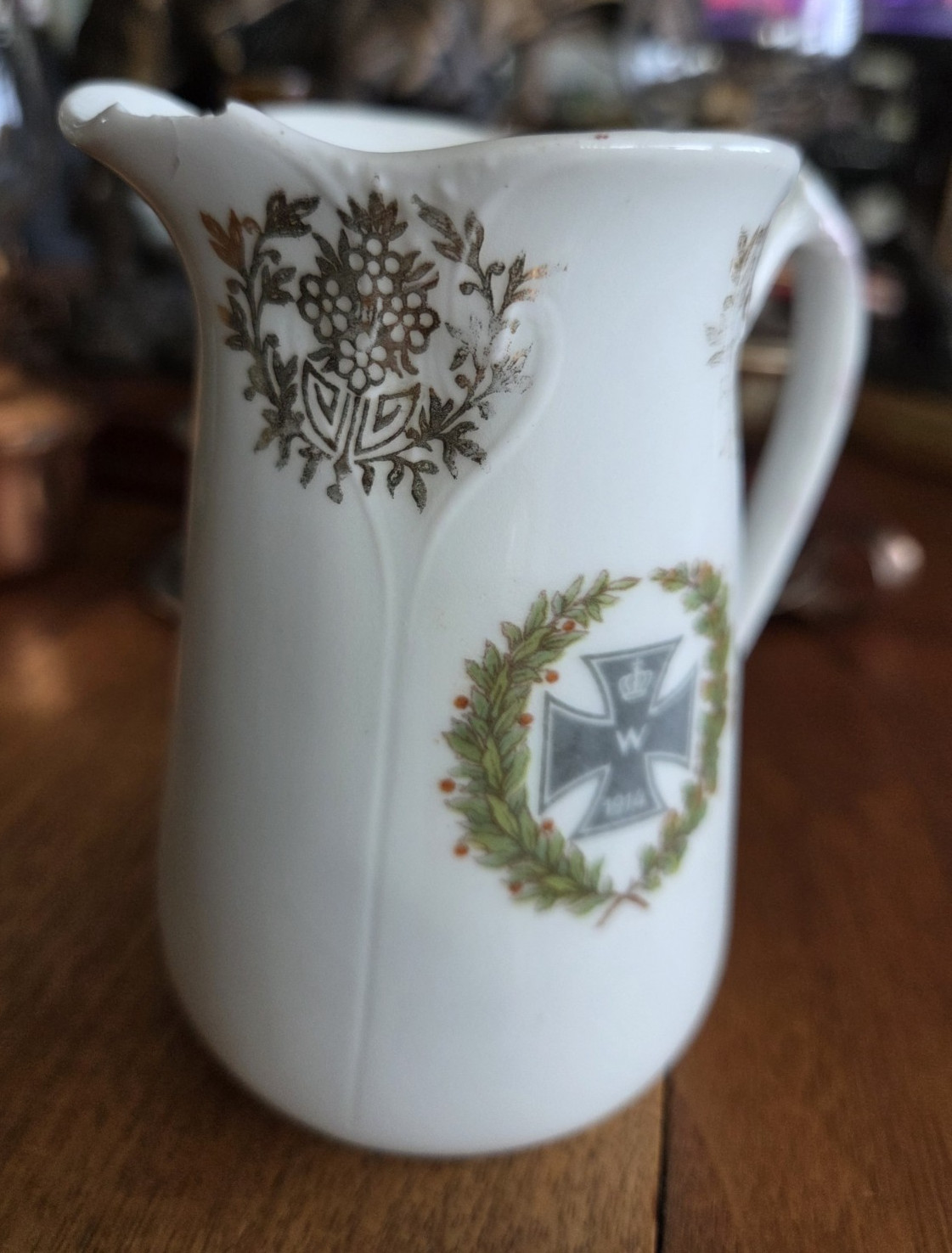 WWI German 1914 Patriotic Ceramic Creamer Small Milk Jug Iron Cross Oak Leaves