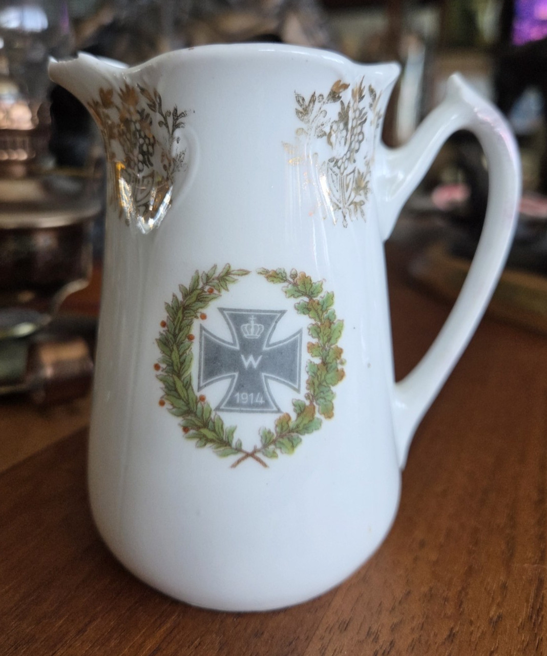 WWI German 1914 Patriotic Ceramic Creamer Small Milk Jug Iron Cross Oak Leaves