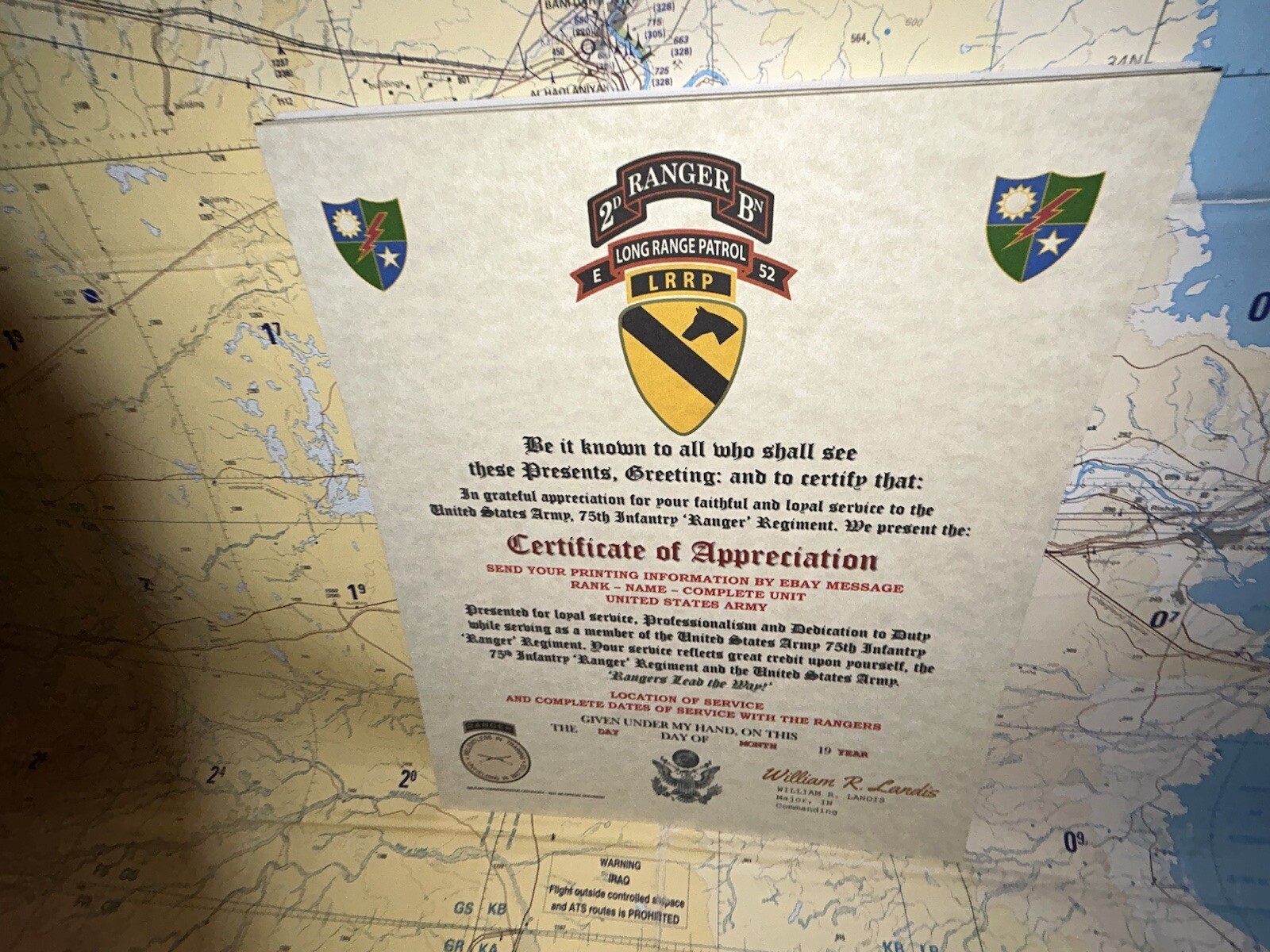 U.S. ARMY 75 RANGERS – 2BN E-52 LRRP – 1ST CAV DIV / CERTIFICATE OF APPRECIATION