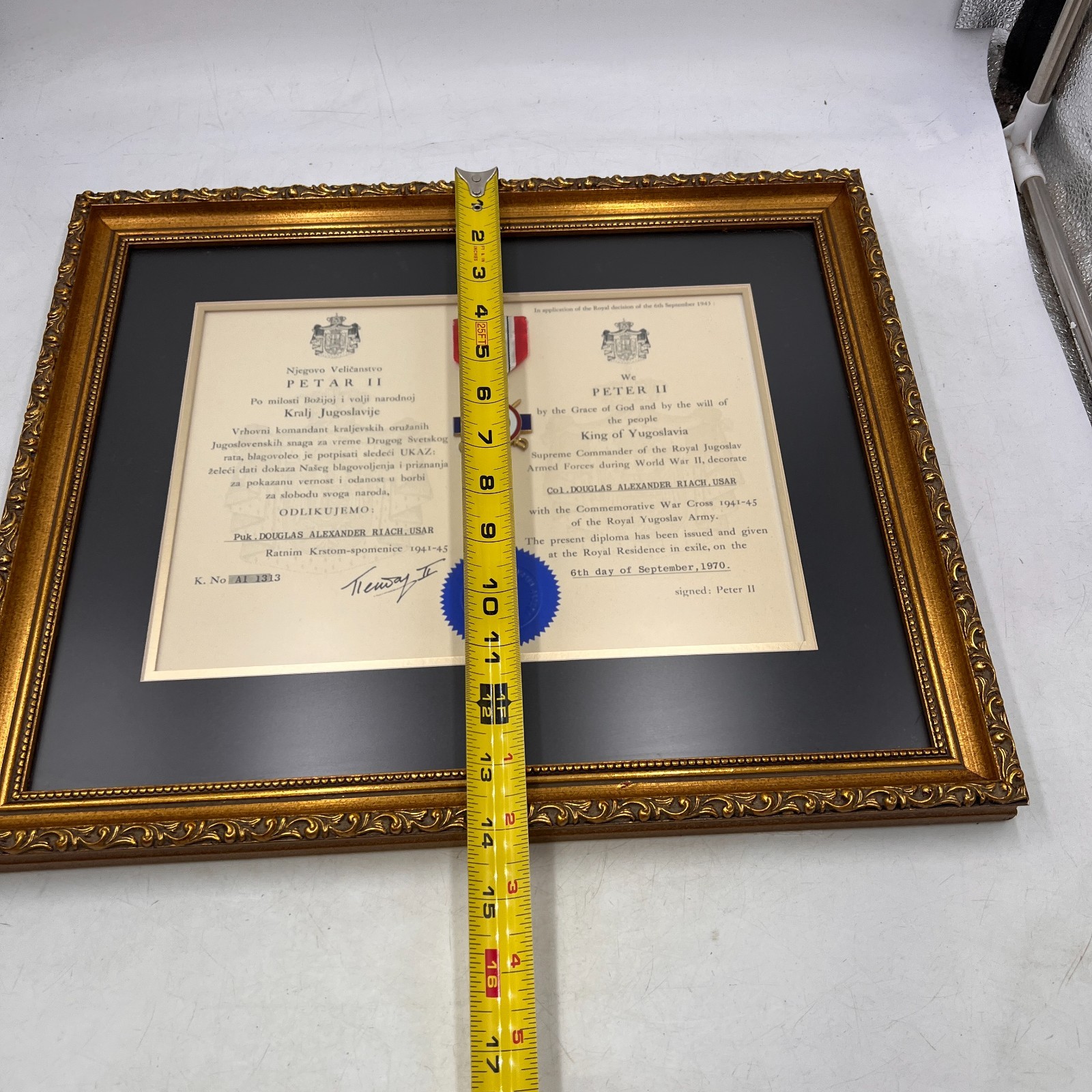 Vintage WWII Yugoslavia Serbia War Cross Medal & Diploma SIGNED PETAR II FRAMED