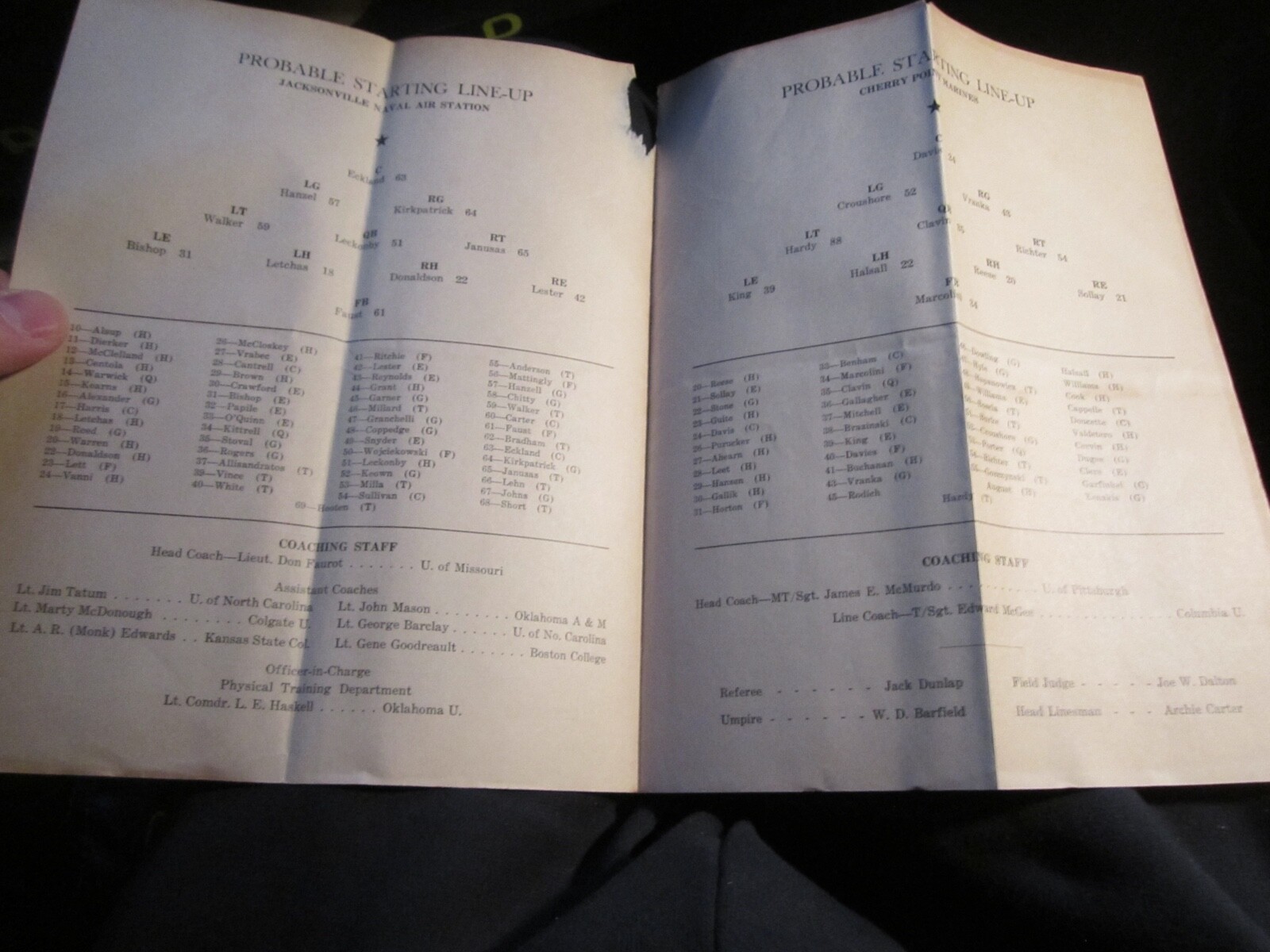 1944 U.S. NAVAL AIR STATION VS CHERRY POINT MARINES FOOTBALL PROGRAM BBA50