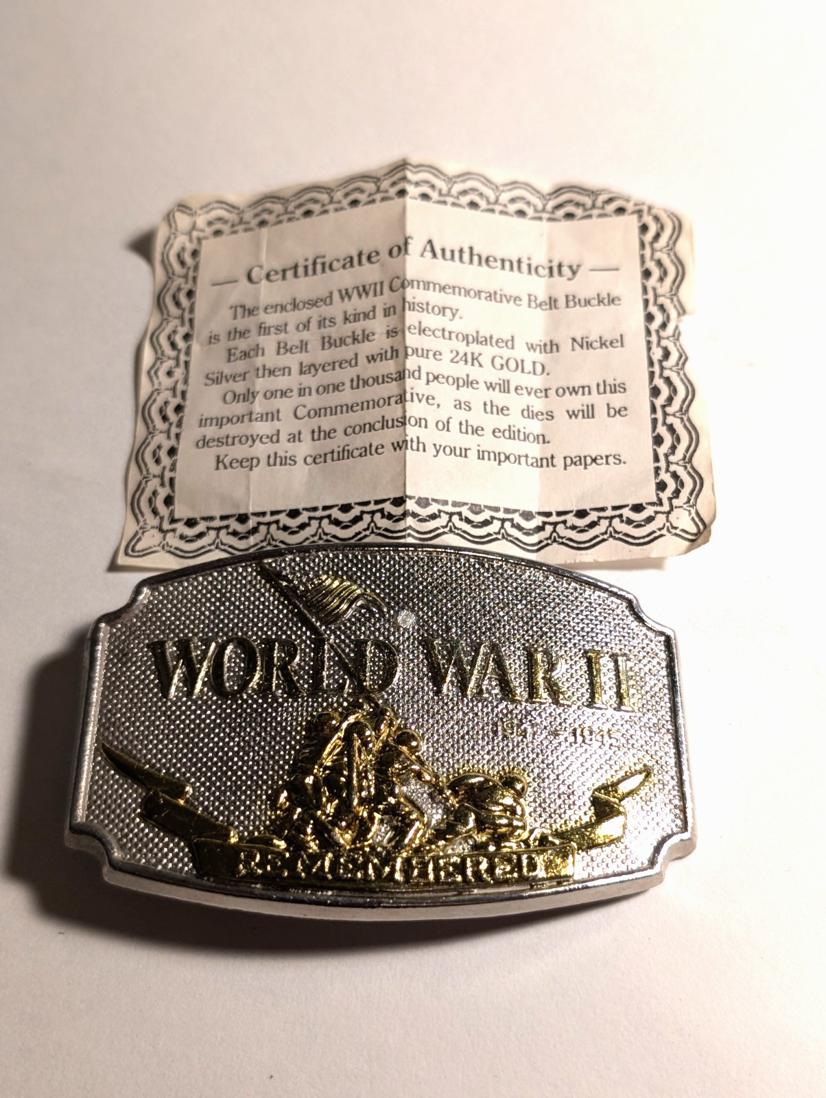 Vintage World War II 1941-1945 Remembered Belt Buckle ~ Numbered 032393