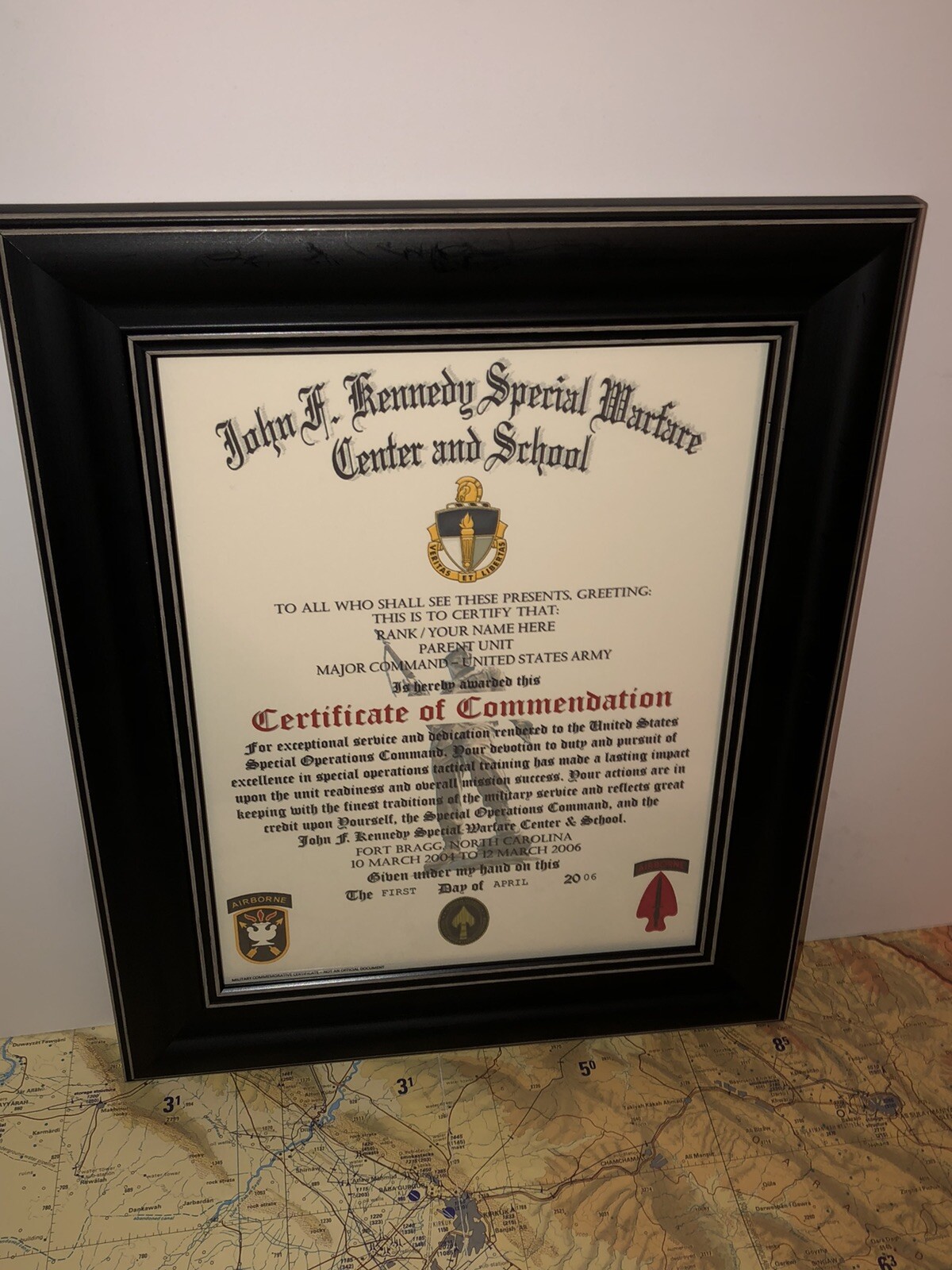 J.F.K. / SPECIAL FORCES/WARFARE ~ CERTIFICATE OF COMMENDATION (COMMEMORATIVE)