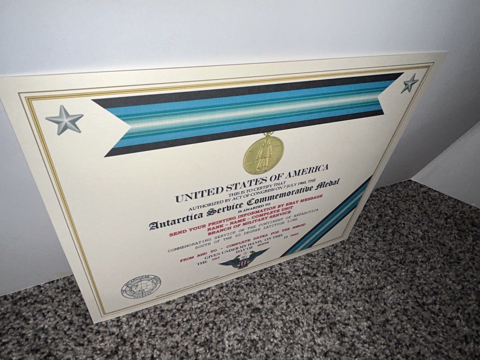 ANTARCTICA SERVICE MEDAL COMMEMORATIVE CERTIFICATE ~ W/PRINTING TYPE-1