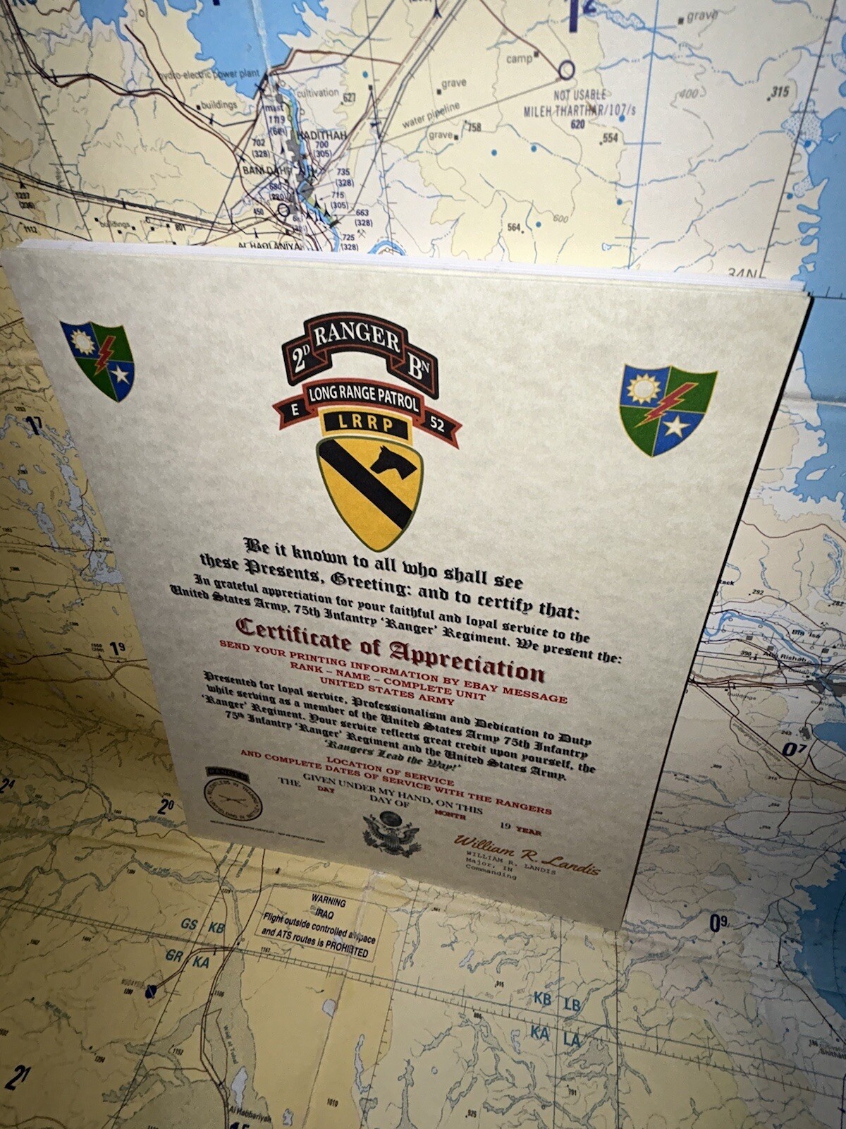 U.S. ARMY 75 RANGERS – 2BN E-52 LRRP – 1ST CAV DIV / CERTIFICATE OF APPRECIATION