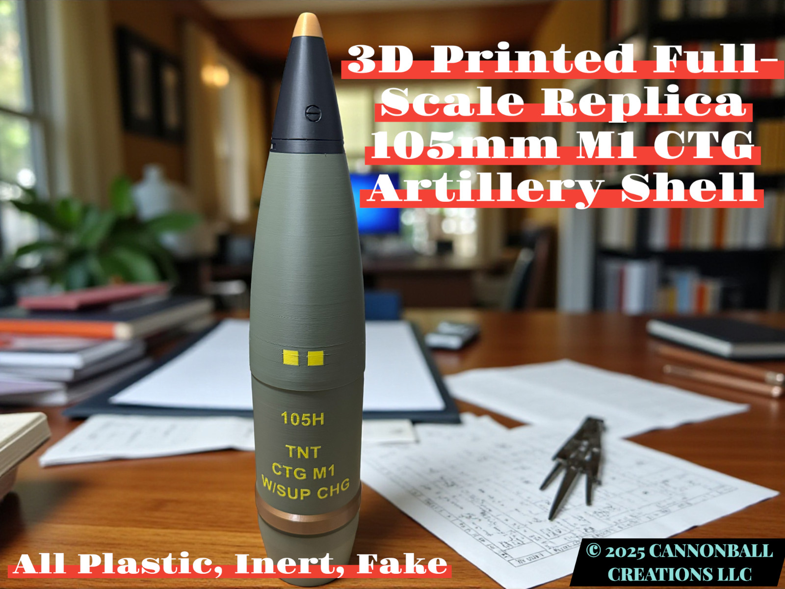 3D Printed Replica 105mm Howitzer Shell: Full Scale M1