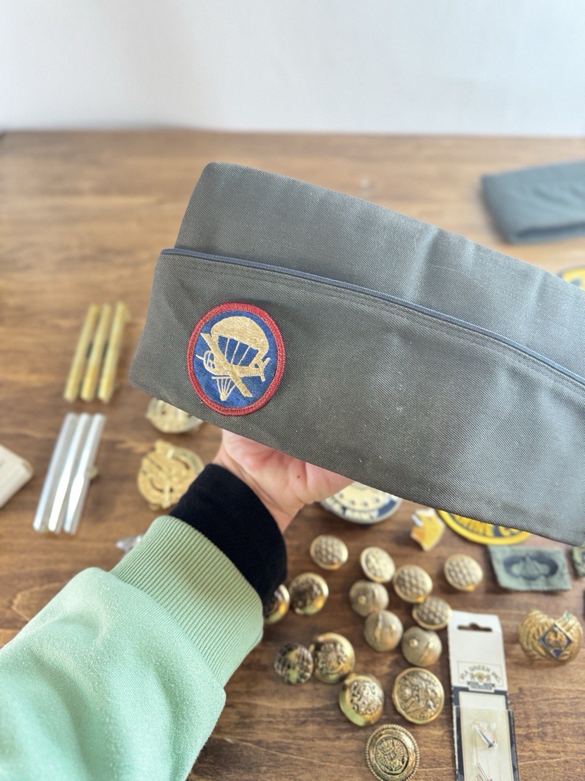 Unknown Lot of Vintage Military Patches, Hats, medal pin backs