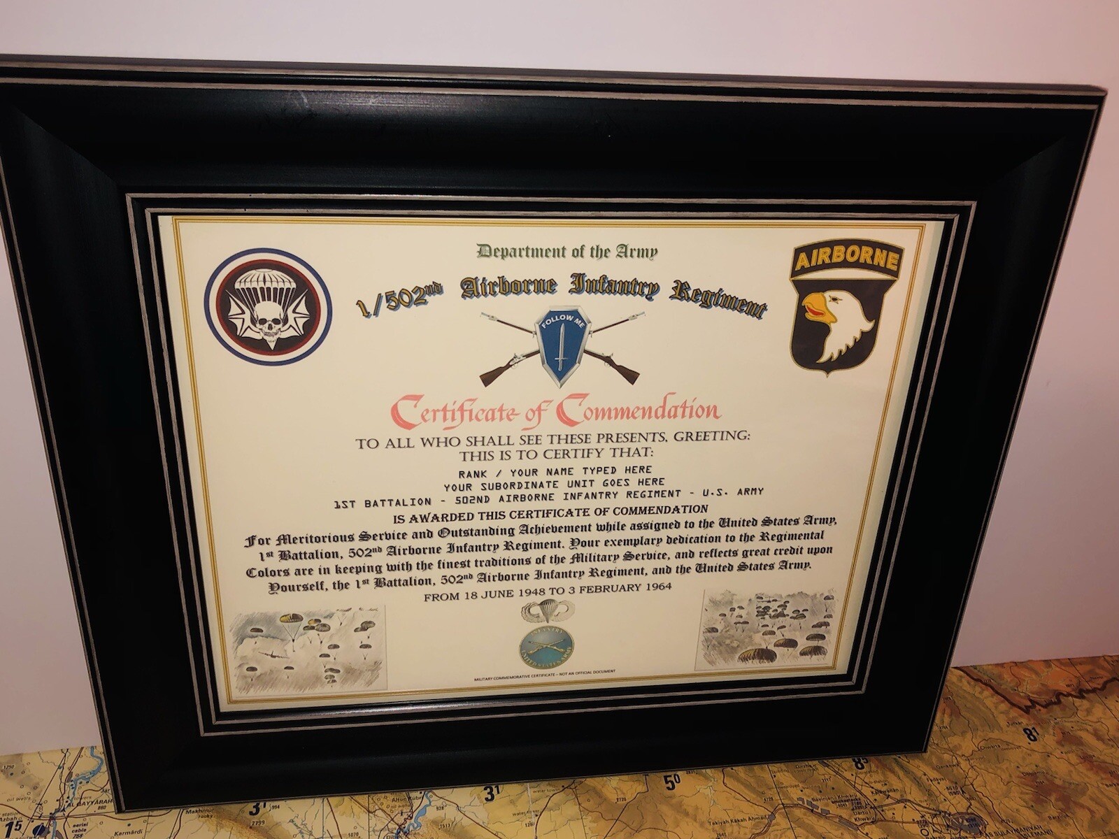 1/502ND AIRBORNE INFANTRY REGT / COMMEMORATIVE – CERTIFICATE OF COMMENDATION