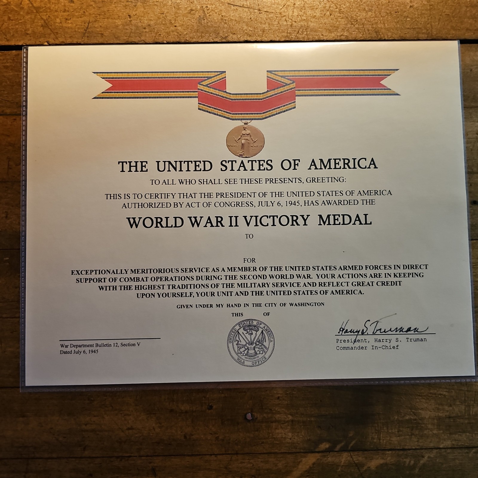 WW2 – World War II VICTORY Medal ☆ TRUMAN COMMEMORATIVE Plaque CERTIFICATE ☆USA