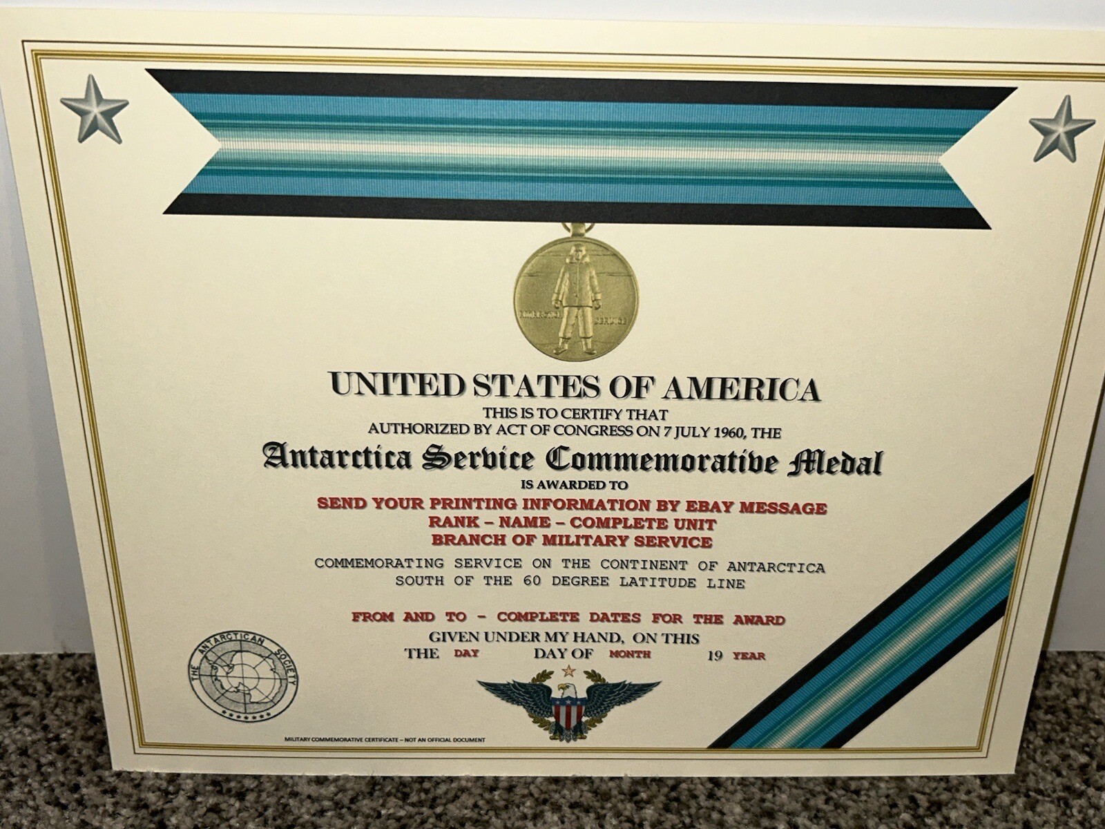 ANTARCTICA SERVICE MEDAL COMMEMORATIVE CERTIFICATE ~ W/PRINTING TYPE-1