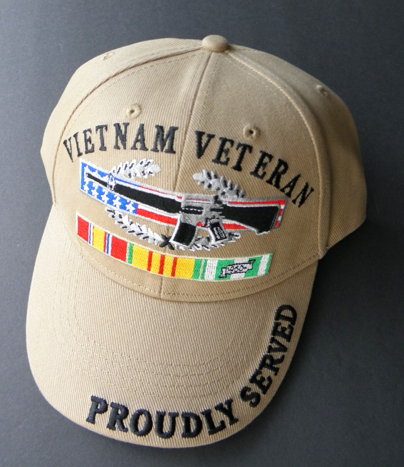 VIETNAM COMBAT VETERAN PROUDLY SERVED EMBROIDERED BASEBALL CAP HAT TAN