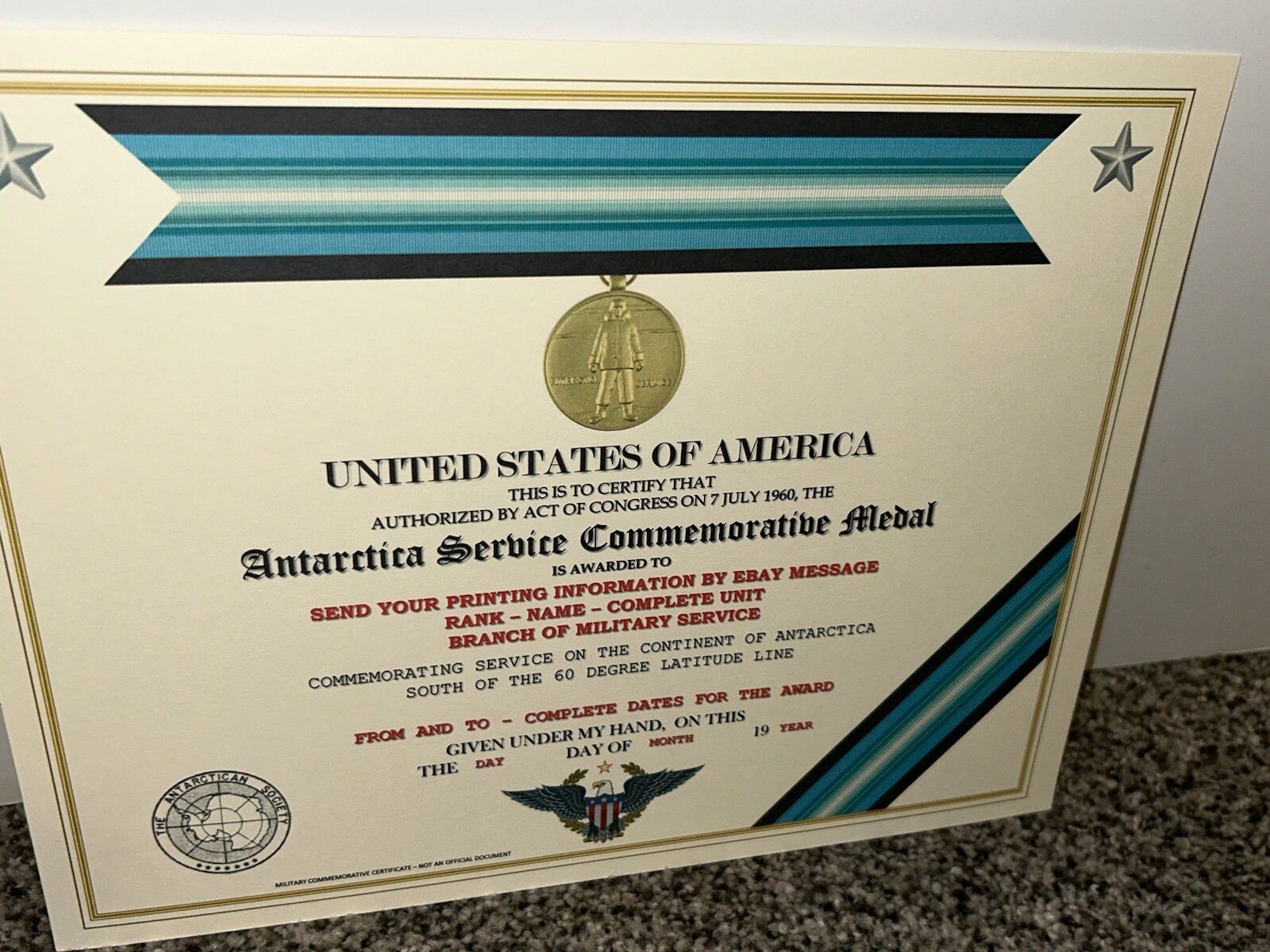 ANTARCTICA SERVICE MEDAL COMMEMORATIVE CERTIFICATE ~ W/PRINTING TYPE-1
