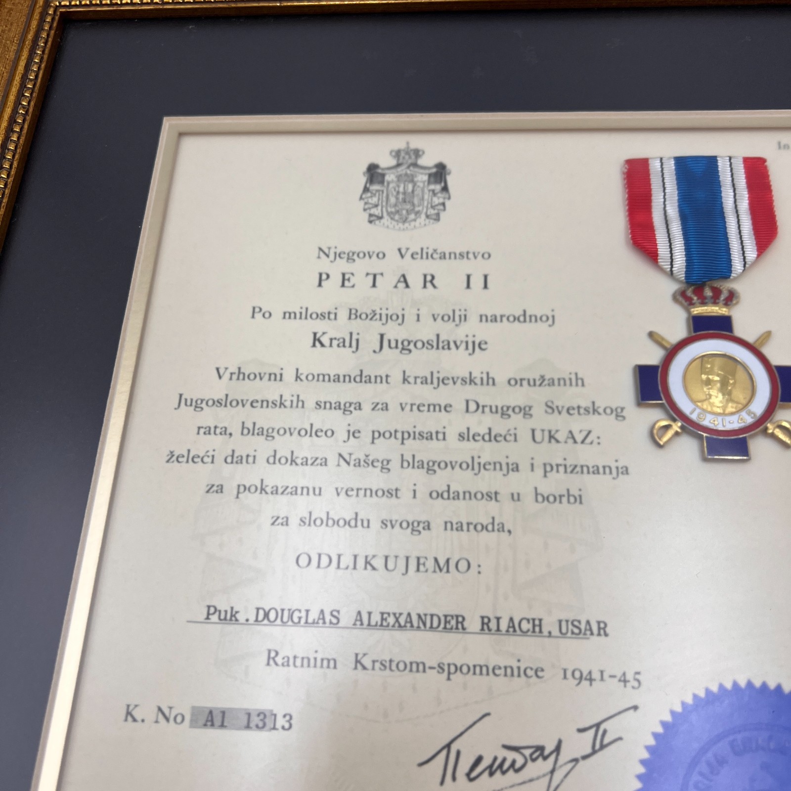 Vintage WWII Yugoslavia Serbia War Cross Medal & Diploma SIGNED PETAR II FRAMED