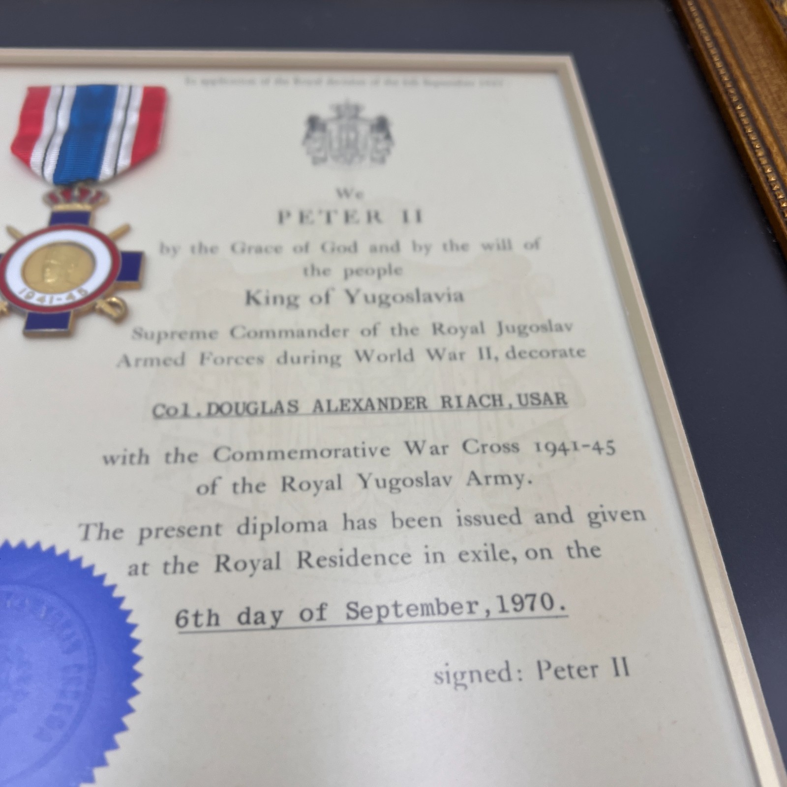 Vintage WWII Yugoslavia Serbia War Cross Medal & Diploma SIGNED PETAR II FRAMED