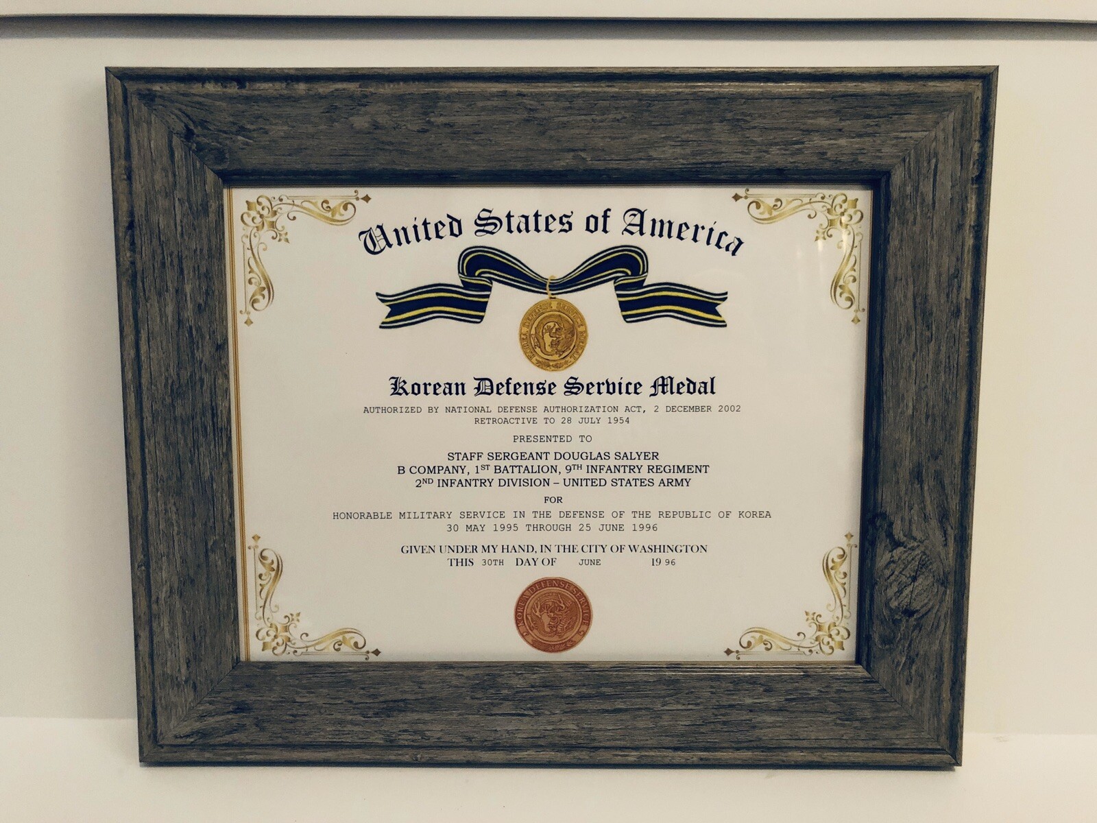 KOREAN DEFENSE SERVICE MEDAL CERTIFICATE ~ With Free Printing (Any Branch)