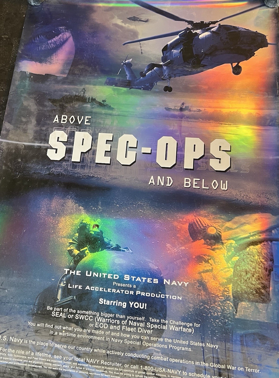 Price Reduction Vintage 1990’s NAVY Recruiting Poster. SEALS EOD Iridescent.