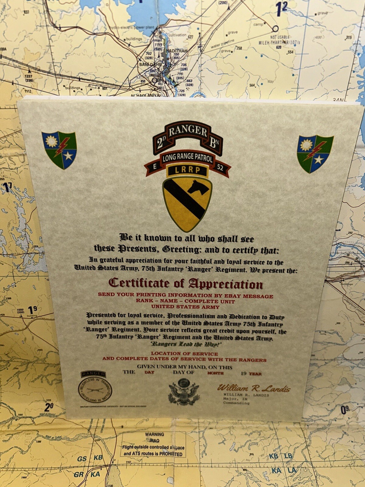 U.S. ARMY 75 RANGERS – 2BN E-52 LRRP – 1ST CAV DIV / CERTIFICATE OF APPRECIATION