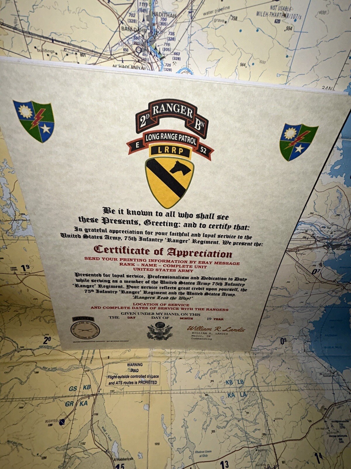 U.S. ARMY 75 RANGERS – 2BN E-52 LRRP – 1ST CAV DIV / CERTIFICATE OF APPRECIATION