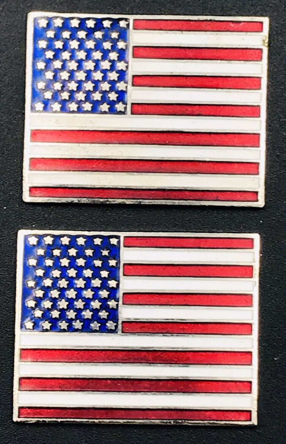 Two (2) Silver Tone USA American Flag Metal Emblem Badge New 1.25″ x 1″