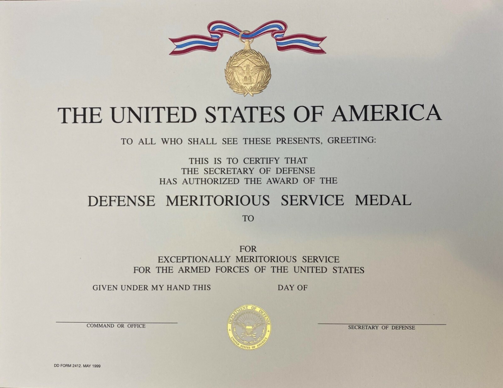 Defense Meritorious Service Medal (DMSM) Citations (Certificate) – BLANK
