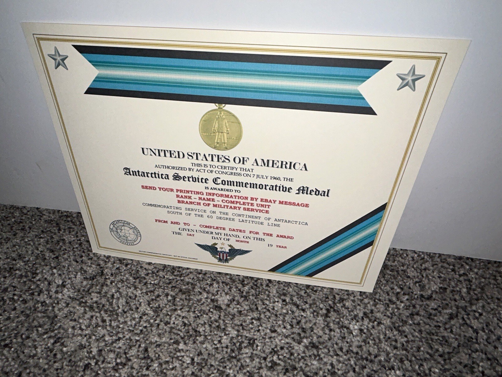 ANTARCTICA SERVICE MEDAL COMMEMORATIVE CERTIFICATE ~ W/PRINTING TYPE-1