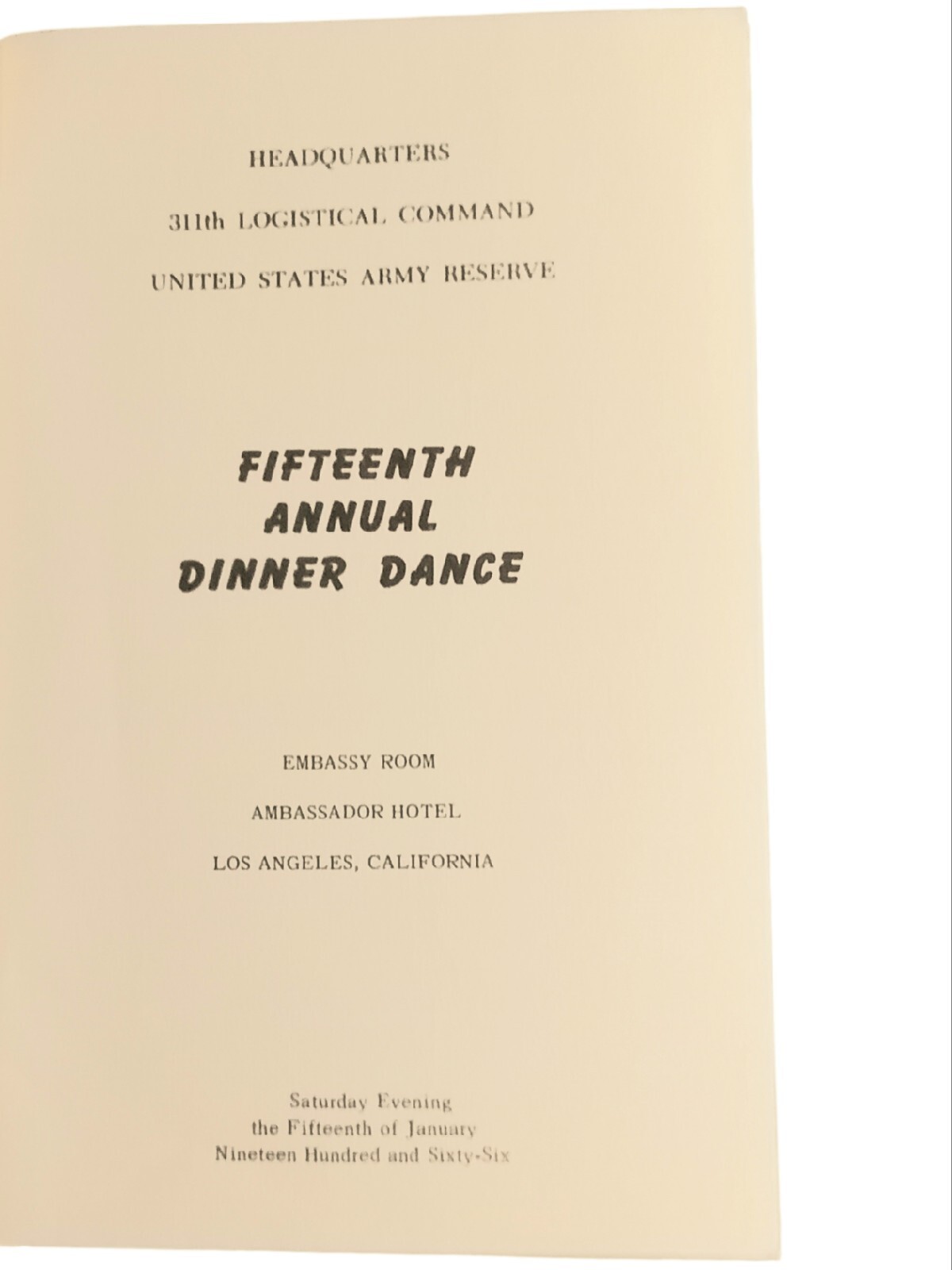 1966 US Army Reserve 311th Logistical Command Annual Dinner Dance Program