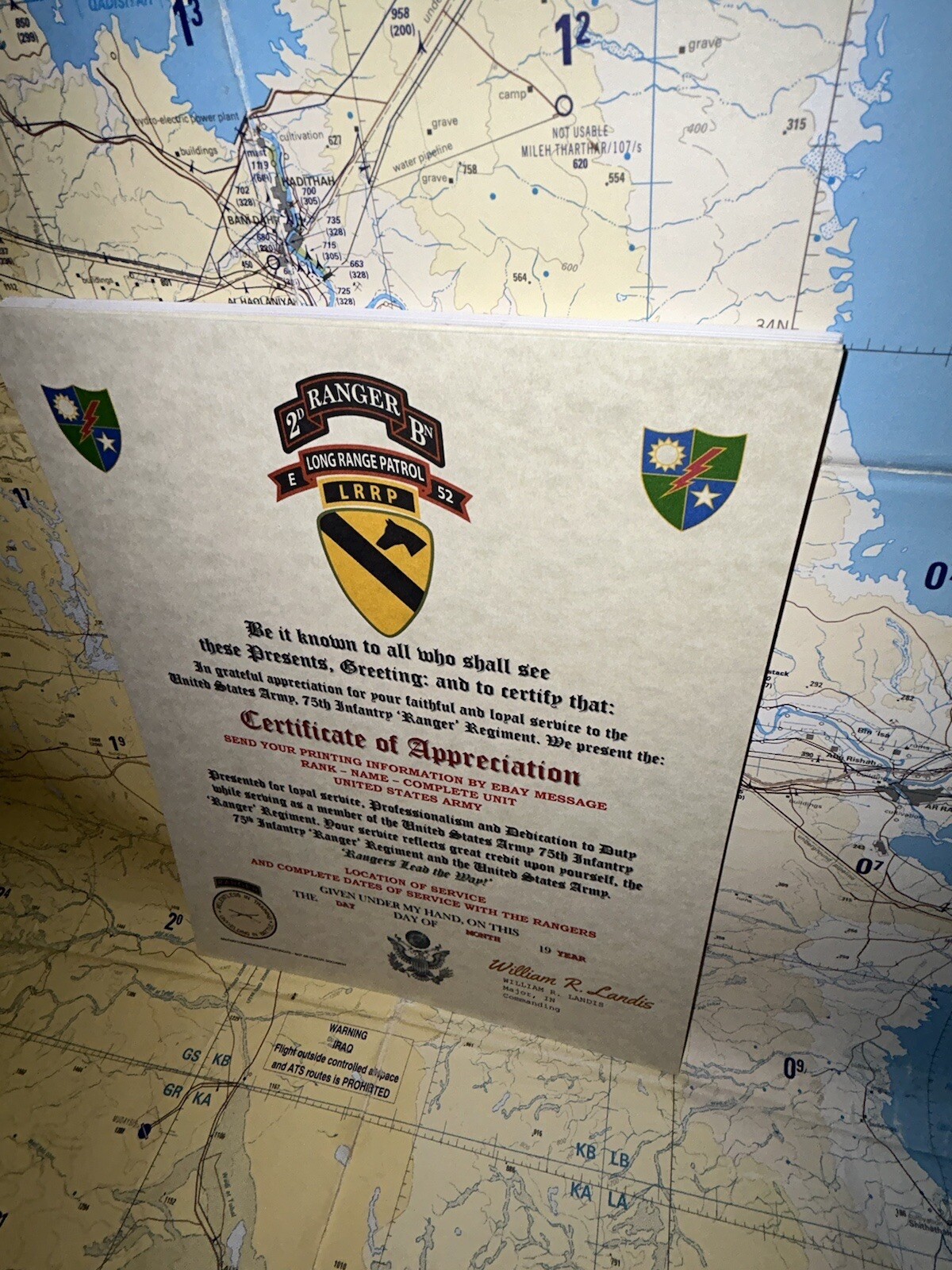 U.S. ARMY 75 RANGERS – 2BN E-52 LRRP – 1ST CAV DIV / CERTIFICATE OF APPRECIATION