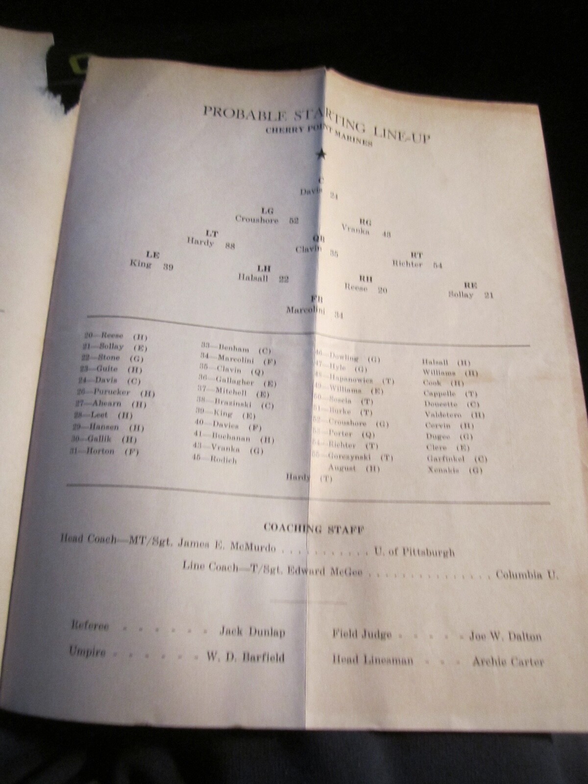 1944 U.S. NAVAL AIR STATION VS CHERRY POINT MARINES FOOTBALL PROGRAM BBA50